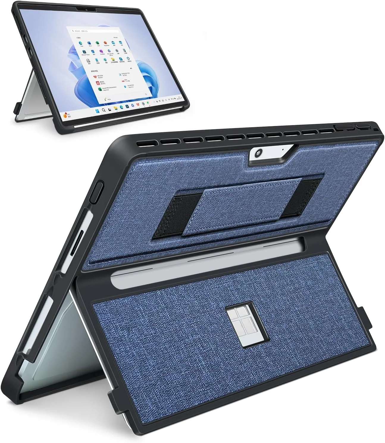 کاور محافظ SSSGRGB مناسب برای مایکروسافت Surface Pro 11/10/9/8 13 اینچی، با پوشش استند، بند دستی، کاور مقاوم یکپارچه سازگار با کیبوردهای Type Cover، سرمه ای
