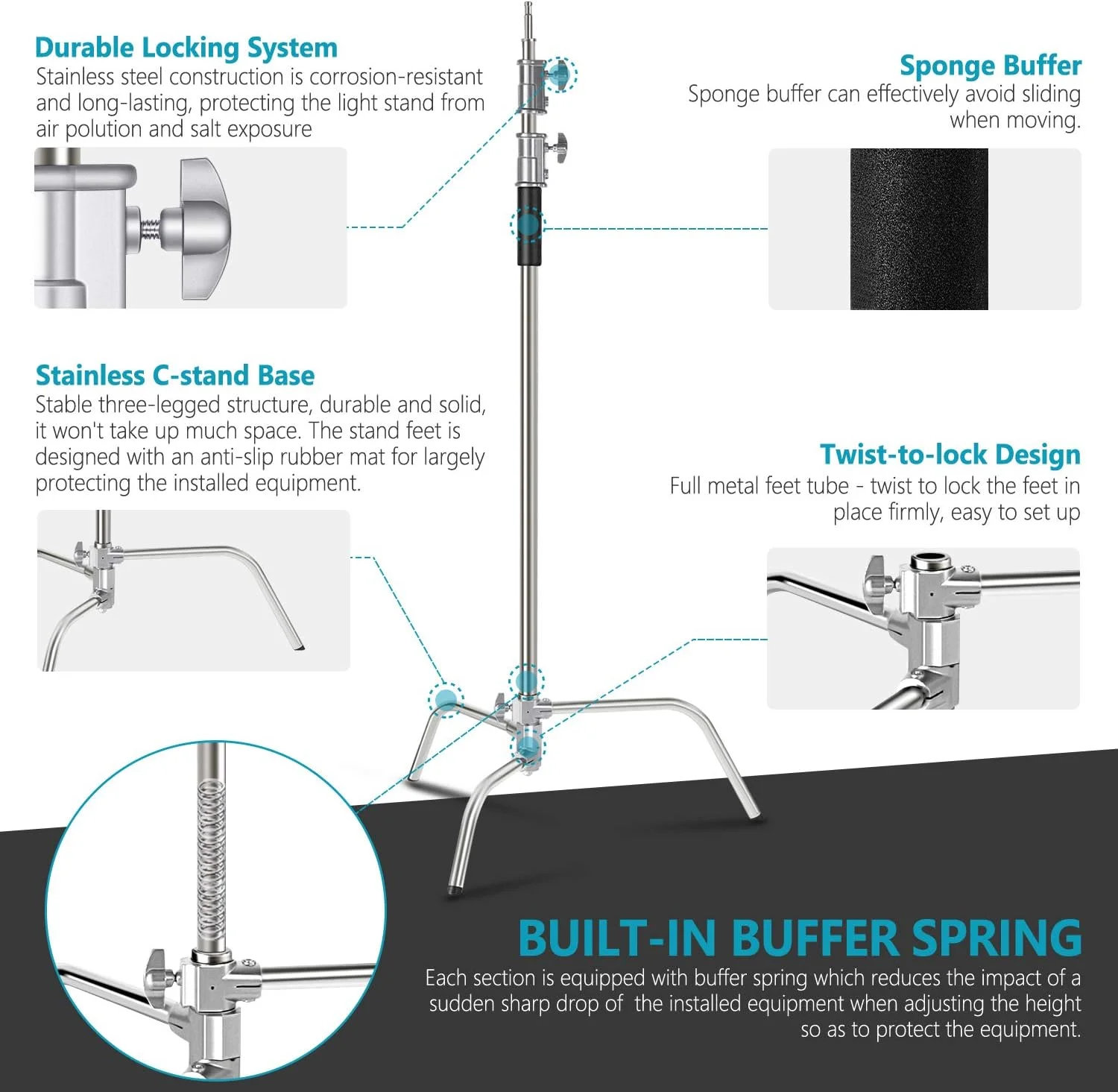 پایه نور C-Stand نیور 3 متری با بازوی بوم 1.2 متری، 2 عدد سر گیره و کیف حمل برای استودیو عکاسی، رفلکتور ویدئویی، چتر، مونولایت و غیره (نسخه پایه)