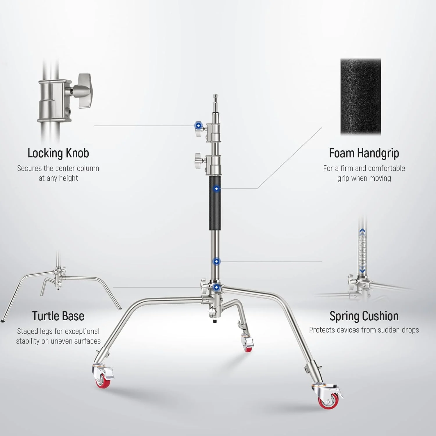 پایه C سنگین استیل ضد زنگ NEEWER با چرخ‌های گردان، پایه نور عکاسی 110-186 سانتی‌متری با بازوی بوم 83 سانتی‌متری، 2 عدد سر گیره برای مونو لایت استودیویی، سافت باکس، رفلکتور، SC186W