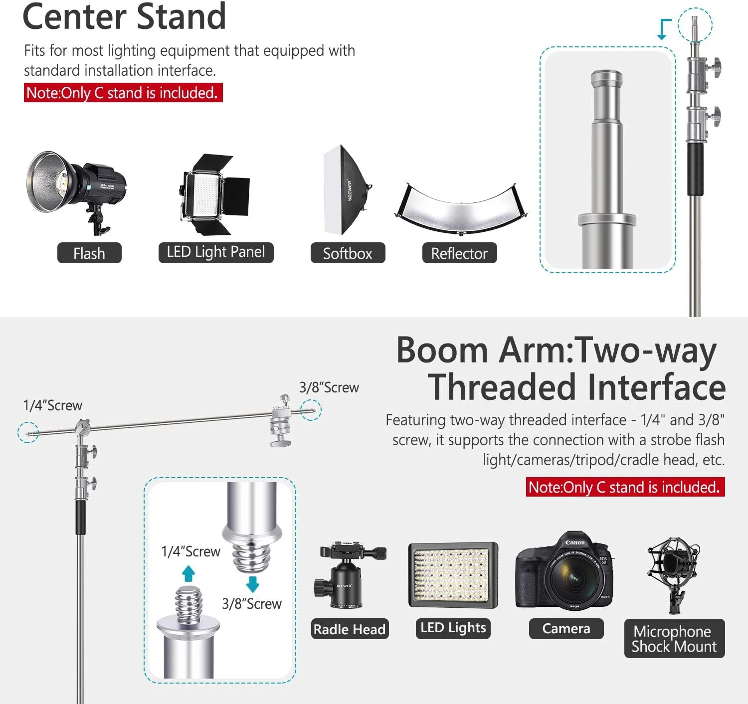 پایه نور C-Stand نیور 3 متری با بازوی بوم 1.2 متری، 2 عدد سر گیره و کیف حمل برای استودیو عکاسی، رفلکتور ویدئویی، چتر، مونولایت و غیره (نسخه پایه)