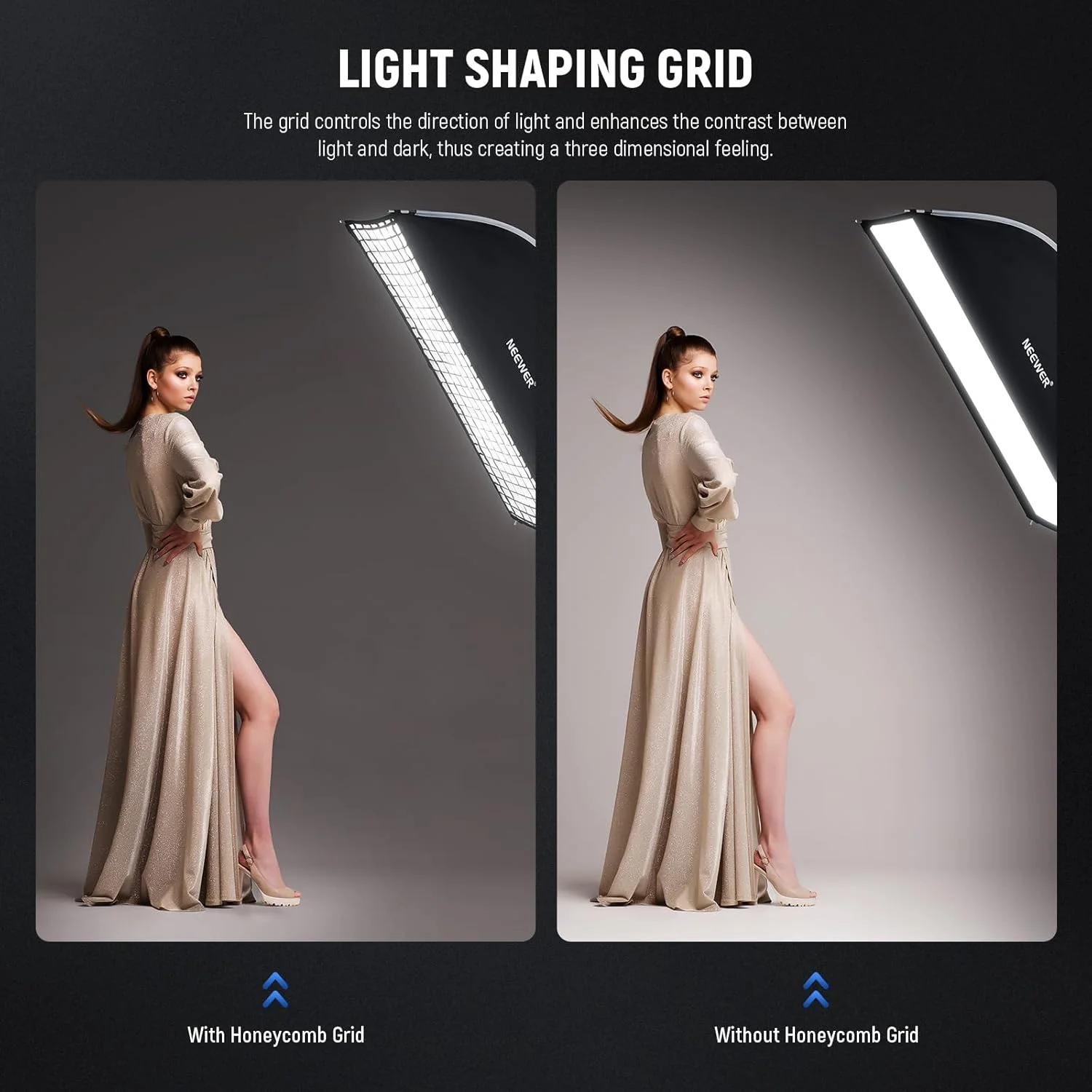 نورافکن مستطیلی تاشو سریع NEEWER با مانت بوئنز، ابعاد 30x120 سانتی متر، به همراه دیفیوزر/شبکه لانه زنبوری/کیف، سازگار با چراغ های ویدیویی Godox Aputure 120d، فلاش های استودیویی Q4، مدل NS17S