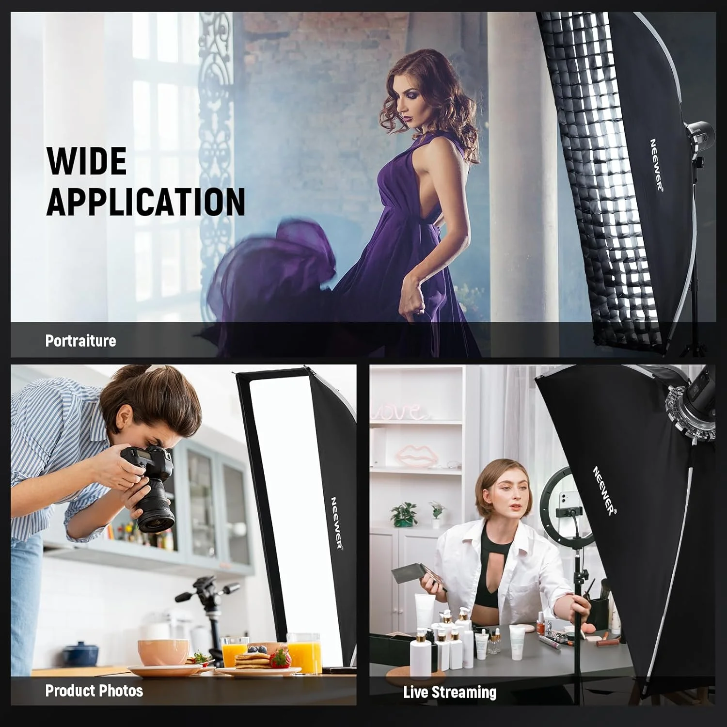 نورافکن مستطیلی تاشو سریع NEEWER با مانت بوئنز، ابعاد 30x120 سانتی متر، به همراه دیفیوزر/شبکه لانه زنبوری/کیف، سازگار با چراغ های ویدیویی Godox Aputure 120d، فلاش های استودیویی Q4، مدل NS17S