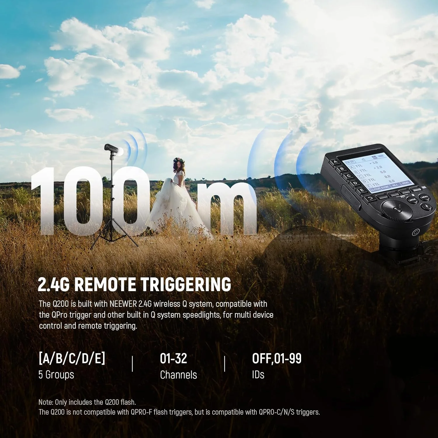 فلاش استروب نورپردازی فضای باز 200 وات NEEWER Q200، فلاش استودیویی با باتری لیتیوم یونی 3200 میلی آمپر ساعتی، نور تکی بی سیم عکاسی با 750 فلاش با قدرت کامل، بازیافت 0.01 تا 1.5 ثانیه، آداپتور باتری و داک