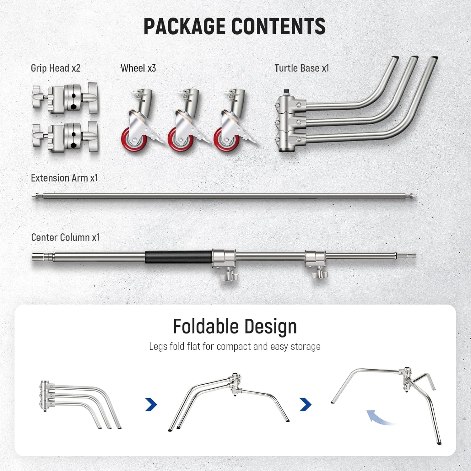 پایه C سنگین استیل ضد زنگ NEEWER با چرخ‌های گردان، پایه نور عکاسی 110-186 سانتی‌متری با بازوی بوم 83 سانتی‌متری، 2 عدد سر گیره برای مونو لایت استودیویی، سافت باکس، رفلکتور، SC186W