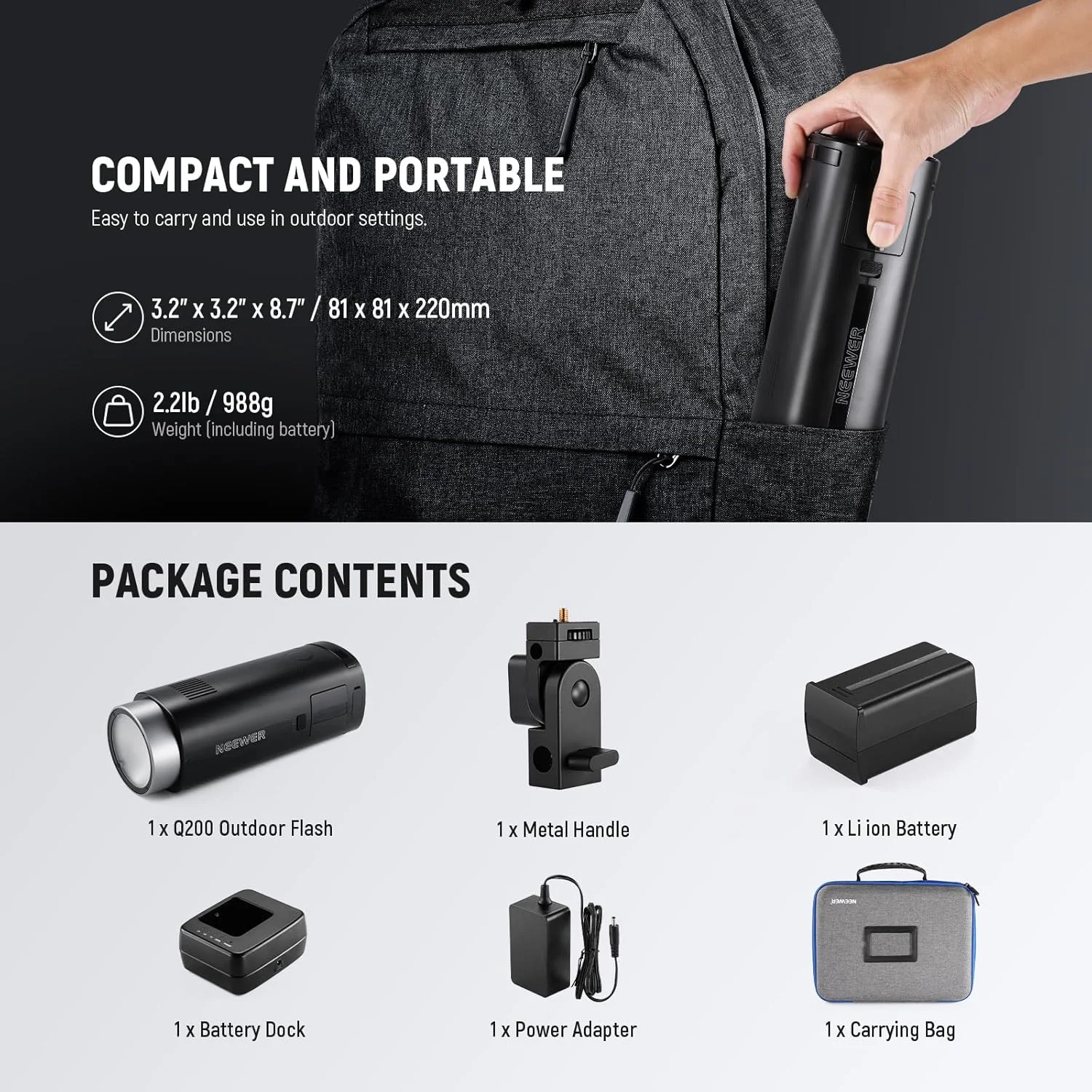 فلاش استروب نورپردازی فضای باز 200 وات NEEWER Q200، فلاش استودیویی با باتری لیتیوم یونی 3200 میلی آمپر ساعتی، نور تکی بی سیم عکاسی با 750 فلاش با قدرت کامل، بازیافت 0.01 تا 1.5 ثانیه، آداپتور باتری و داک
