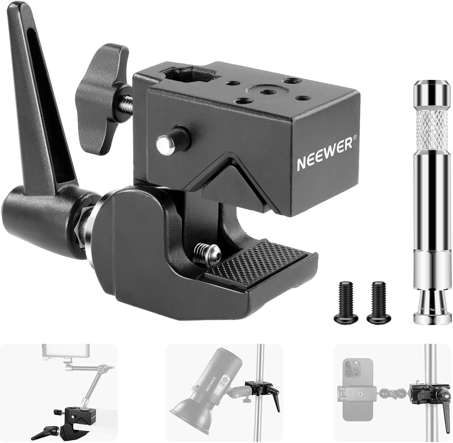 Neewer 2 Pack Super Clamp with 5/8" Stud, Spring Lock, 2.4" Jaw Grip Heavy Duty Crab Pole Clamp for Round Pipe Flat Surface, for Photography Studio Camera Lighting Mounting, Max Load 33lb/15kg, UA017