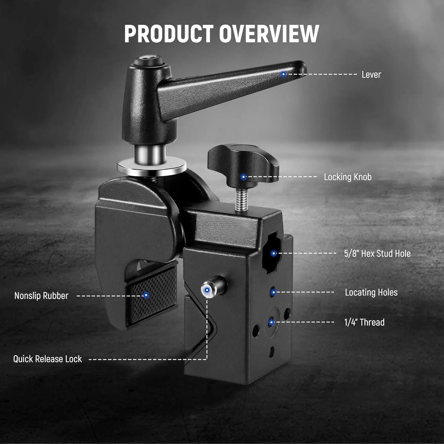 Neewer 2 Pack Super Clamp with 5/8" Stud, Spring Lock, 2.4" Jaw Grip Heavy Duty Crab Pole Clamp for Round Pipe Flat Surface, for Photography Studio Camera Lighting Mounting, Max Load 33lb/15kg, UA017