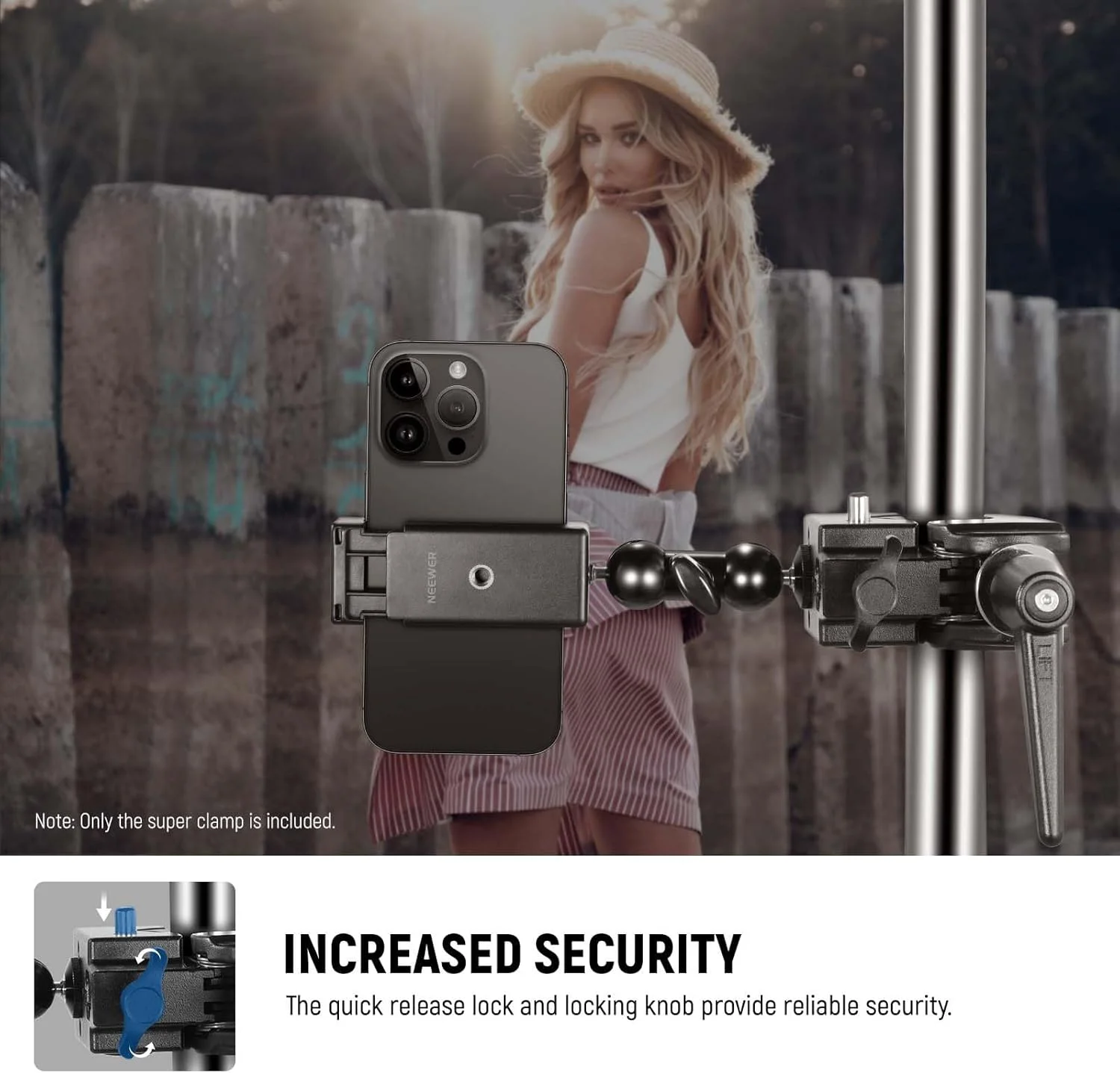 Neewer 2 Pack Super Clamp with 5/8" Stud, Spring Lock, 2.4" Jaw Grip Heavy Duty Crab Pole Clamp for Round Pipe Flat Surface, for Photography Studio Camera Lighting Mounting, Max Load 33lb/15kg, UA017