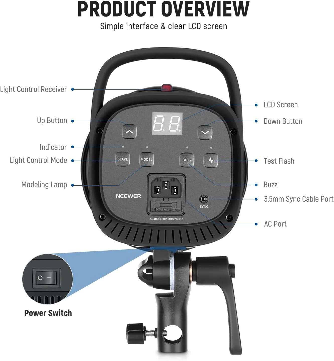 فلاش استروب نور Neewer S101-400W با 9 سطح لامپ مدلینگ 150 واتی، 400Ws GN65 5600K با رفلکتور استاندارد Bowens Mount، حالت S1/S2 فن بی صدا برای عکاسی استودیویی، پرتره و عکاسی محصول