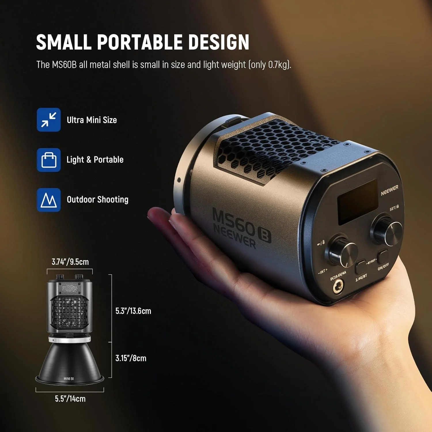 نور ویدئویی ال ای دی نیور MS60B با کنترل 2.4G/App، نور پیوسته مینی کامپکت 65 واتی COB فلزی با پایه Bowens برای استودیو عکاسی، 40000 لوکس/1 متر 2700-6500K CRI 97+/TLCI 98+، نقره ای