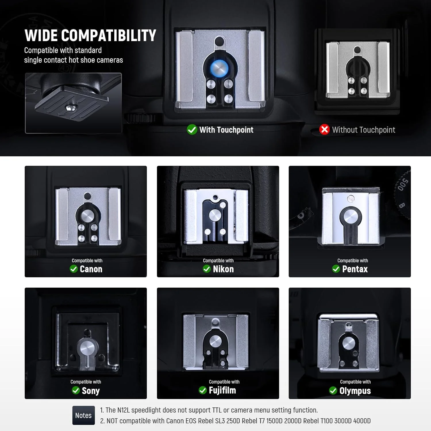 فلاش دوربین کوچک NEEWER BASICS با نور پرکننده LED ویدئویی/صفحه نمایش LCD/800mAh، سازگار با دوربین های DSLR کانن فوجی فیلم سونی نیکون با کفشک استاندارد برای عکاسی استودیویی، نورپردازی، N12L