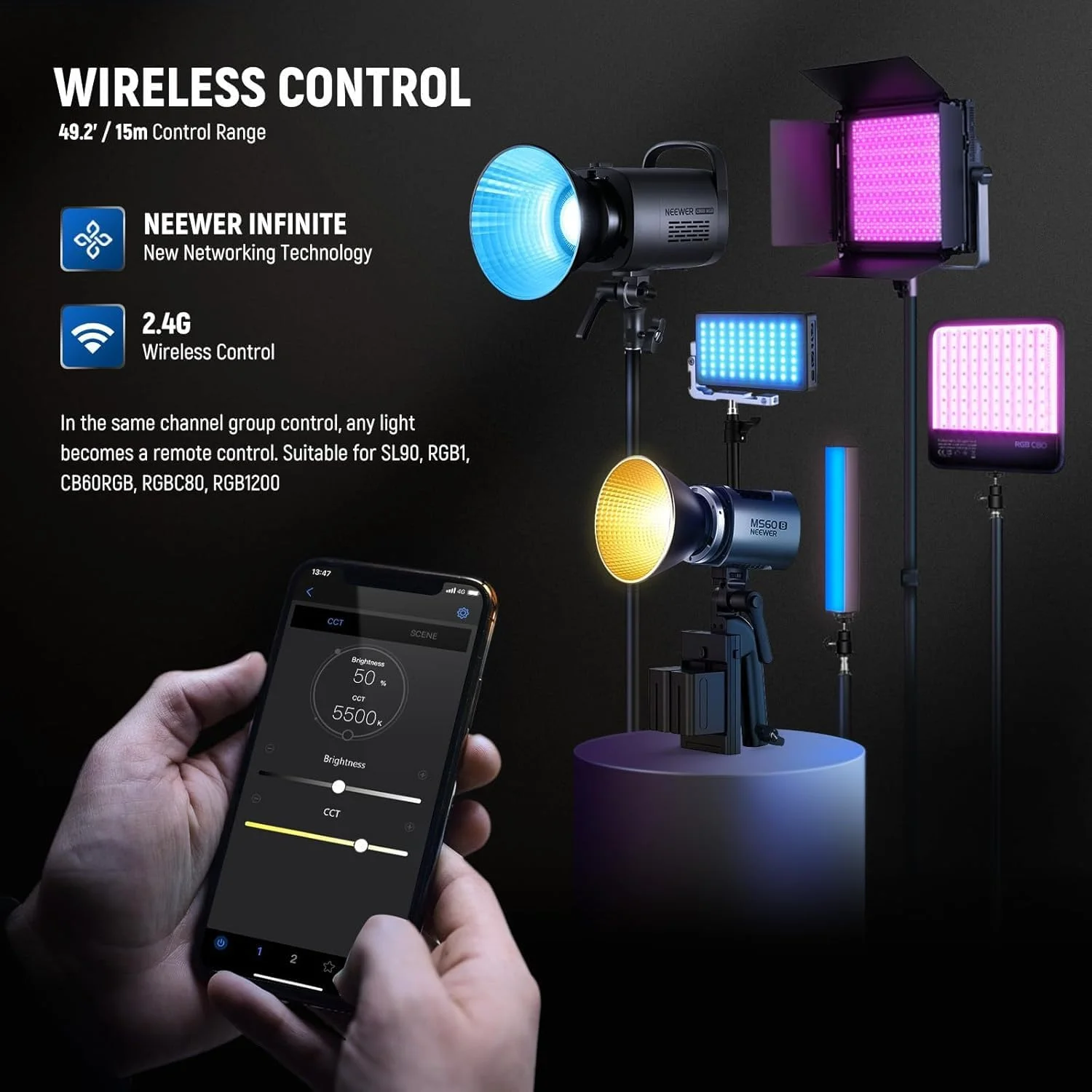 نور ویدئویی ال ای دی نیور MS60B با کنترل 2.4G/App، نور پیوسته مینی کامپکت 65 واتی COB فلزی با پایه Bowens برای استودیو عکاسی، 40000 لوکس/1 متر 2700-6500K CRI 97+/TLCI 98+، نقره ای