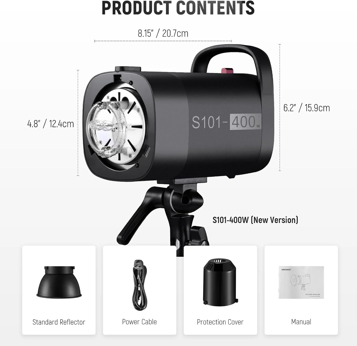 فلاش استروب نور Neewer S101-400W با 9 سطح لامپ مدلینگ 150 واتی، 400Ws GN65 5600K با رفلکتور استاندارد Bowens Mount، حالت S1/S2 فن بی صدا برای عکاسی استودیویی، پرتره و عکاسی محصول