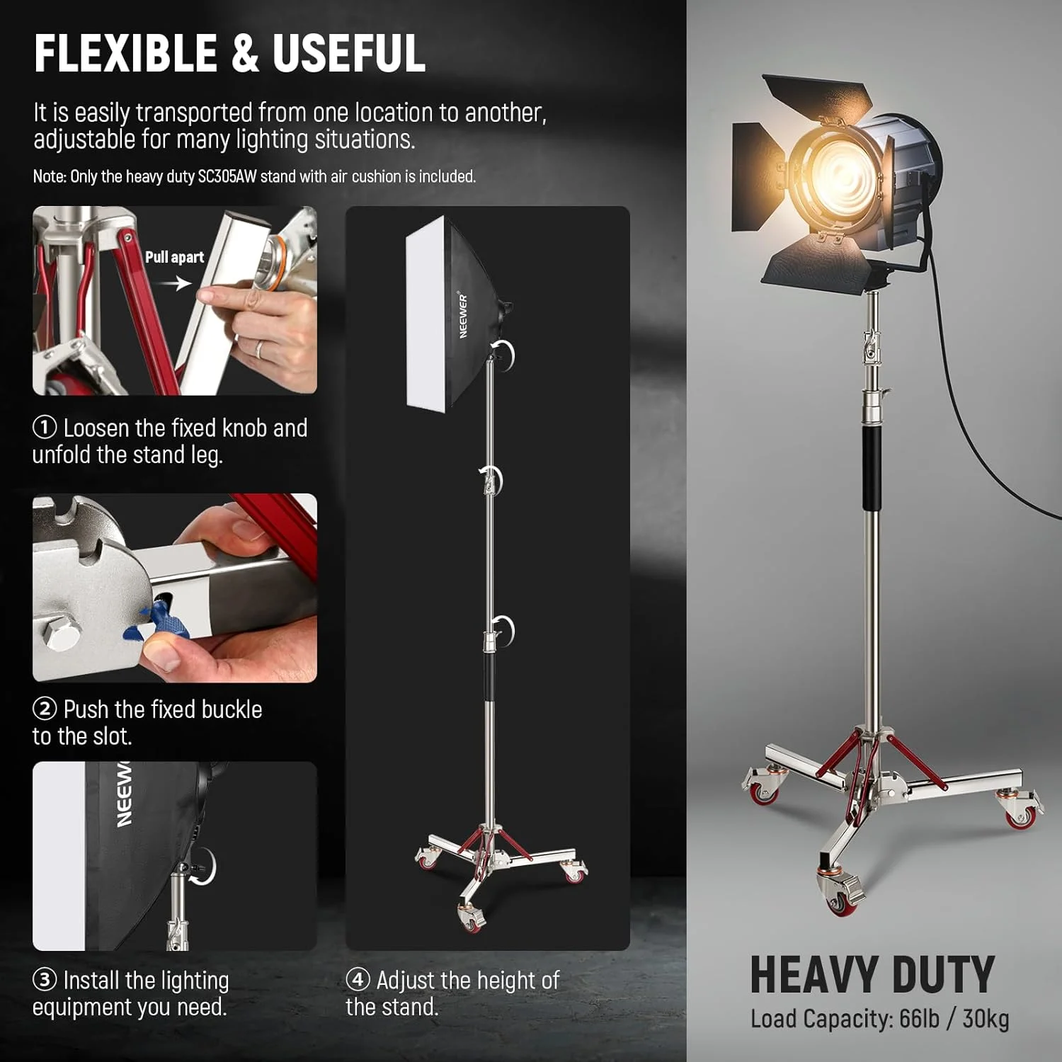 پایه نور بادی سنگین 3 متری Neewer با چرخ، پایه سه پایه قابل تنظیم، پایه چرخ دار استیل ضد زنگ عکاسی برای فلاش استودیویی سافت باکس مونو لایت رفلکتور، SC305AW