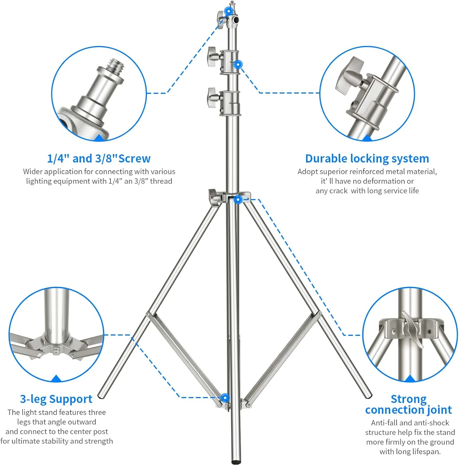 NEEWER 118"/3m Stainless Steel Light Stand, Spring Cushioned Heavy Duty Photography Tripod Stand with 1/4” to 3/8” Universal Screw Adapter for Strobe, LED Video Light, Ring Light, Monolight, Softbox