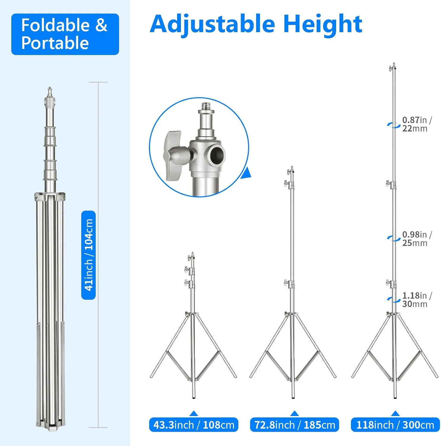 NEEWER 118"/3m Stainless Steel Light Stand, Spring Cushioned Heavy Duty Photography Tripod Stand with 1/4” to 3/8” Universal Screw Adapter for Strobe, LED Video Light, Ring Light, Monolight, Softbox