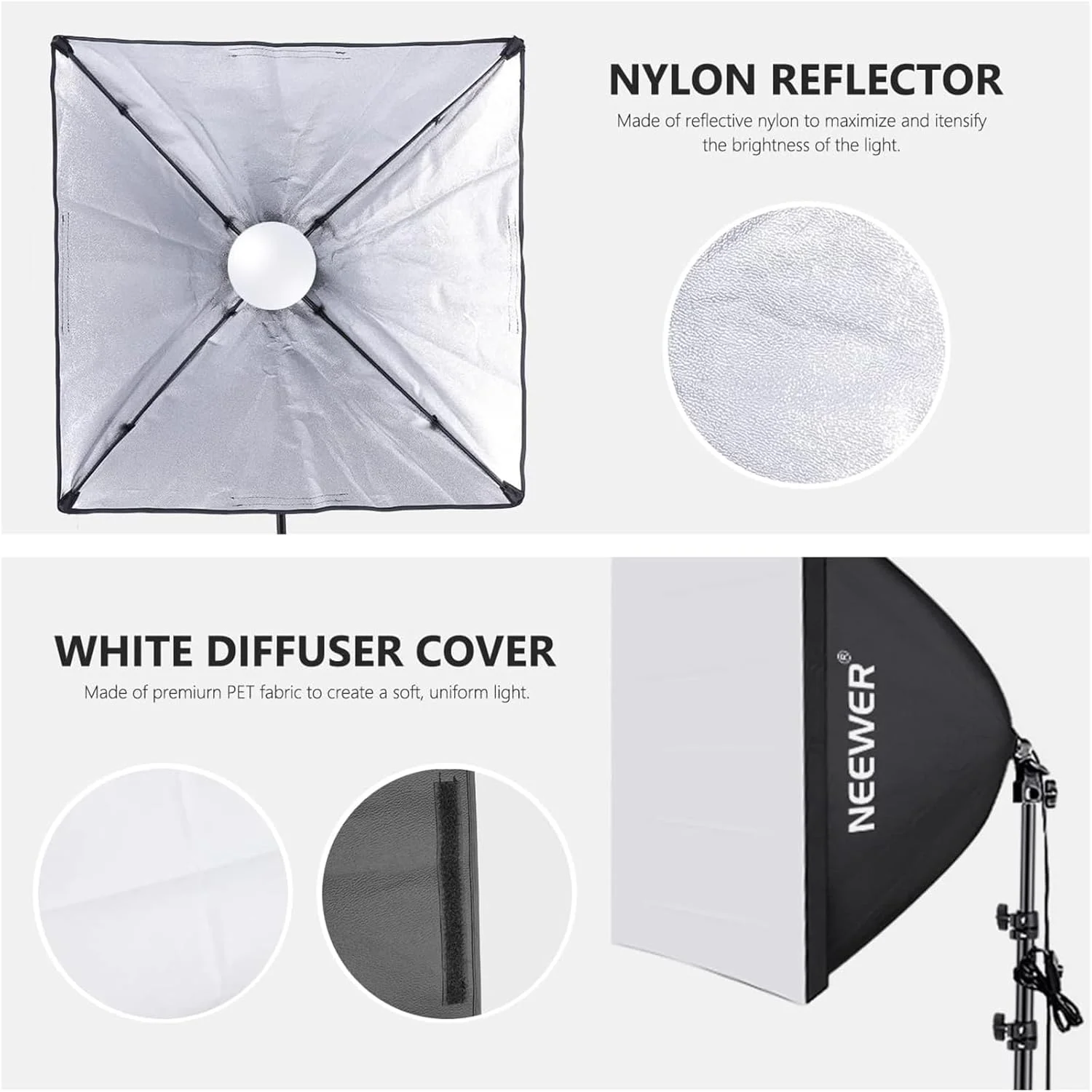 NEEWER 2 Pack 700W Equivalent Softbox Lighting Kit, 5700K LED Bulbs, 24x24" Softbox with E27 Socket, Cleaning Cloth, Photo Studio Equipment Continuous Light Kit for Photography Video Recording, NK200