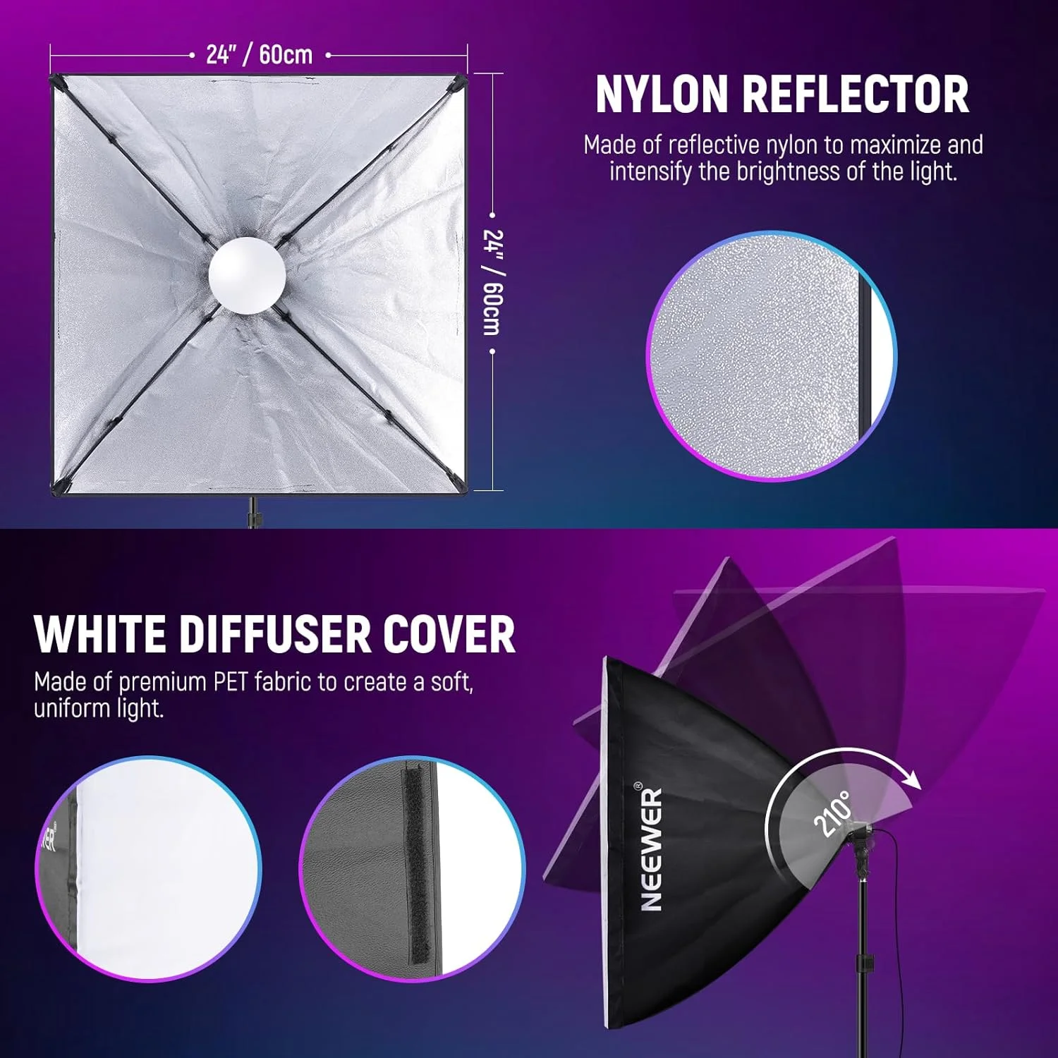 کیت نورپردازی سافت باکس RGB نیور با کنترل از طریق اپلیکیشن و 9 حالت افکت، 2 عدد لامپ LED 26 واتی دارای گواهینامه FCC/IC/UL با CRI93+ TLCI98+، سرپیچ های سرامیکی E26، سافت باکس 24 اینچی، برای نورپردازی عکاسی استودیویی، NK800