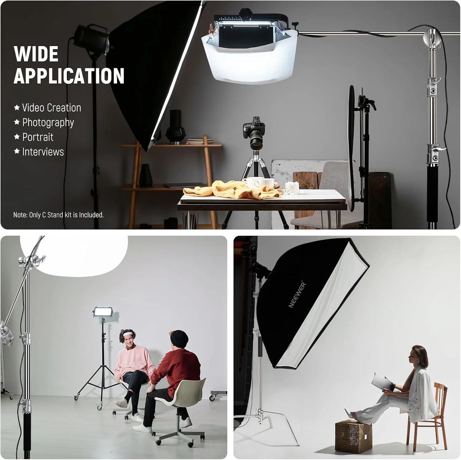 پایه نور سنگین استیل ضد زنگ NEEWER BASICS با بازوی بوم، حداکثر ارتفاع 320 سانتی متر، بازوی نگهدارنده 128 سانتی متر، 2 عدد سر گیره برای نور استودیویی، سافت باکس و رفلکتور، مدل SC320 Lite