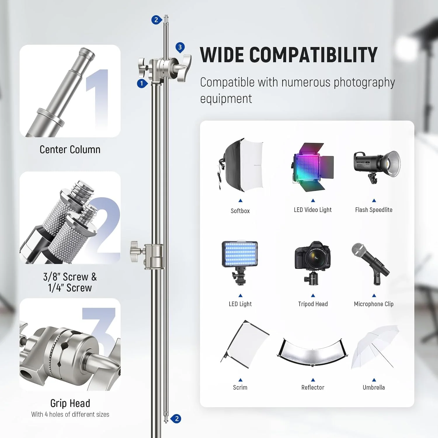پایه نور سنگین استیل ضد زنگ NEEWER BASICS با بازوی بوم، حداکثر ارتفاع 320 سانتی متر، بازوی نگهدارنده 128 سانتی متر، 2 عدد سر گیره برای نور استودیویی، سافت باکس و رفلکتور، مدل SC320 Lite