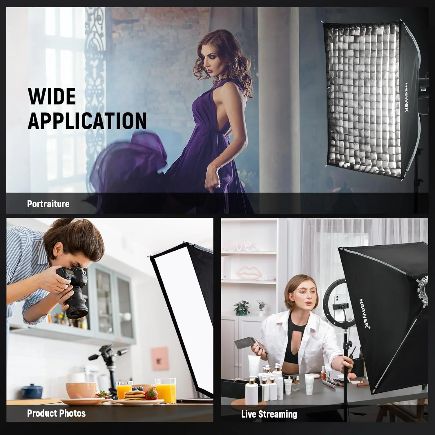 نرم باکس مستطیلی نوئر با نصب سریع و ابعاد 60x90 سانتی متر، مانت بوئنز به همراه دیفیوزر، گرید لانه زنبوری و کیف حمل، سازگار با نورهای ویدیویی گودکس آپوچر 120d، فلاش های استودیویی Q4 و استروب های NS16S