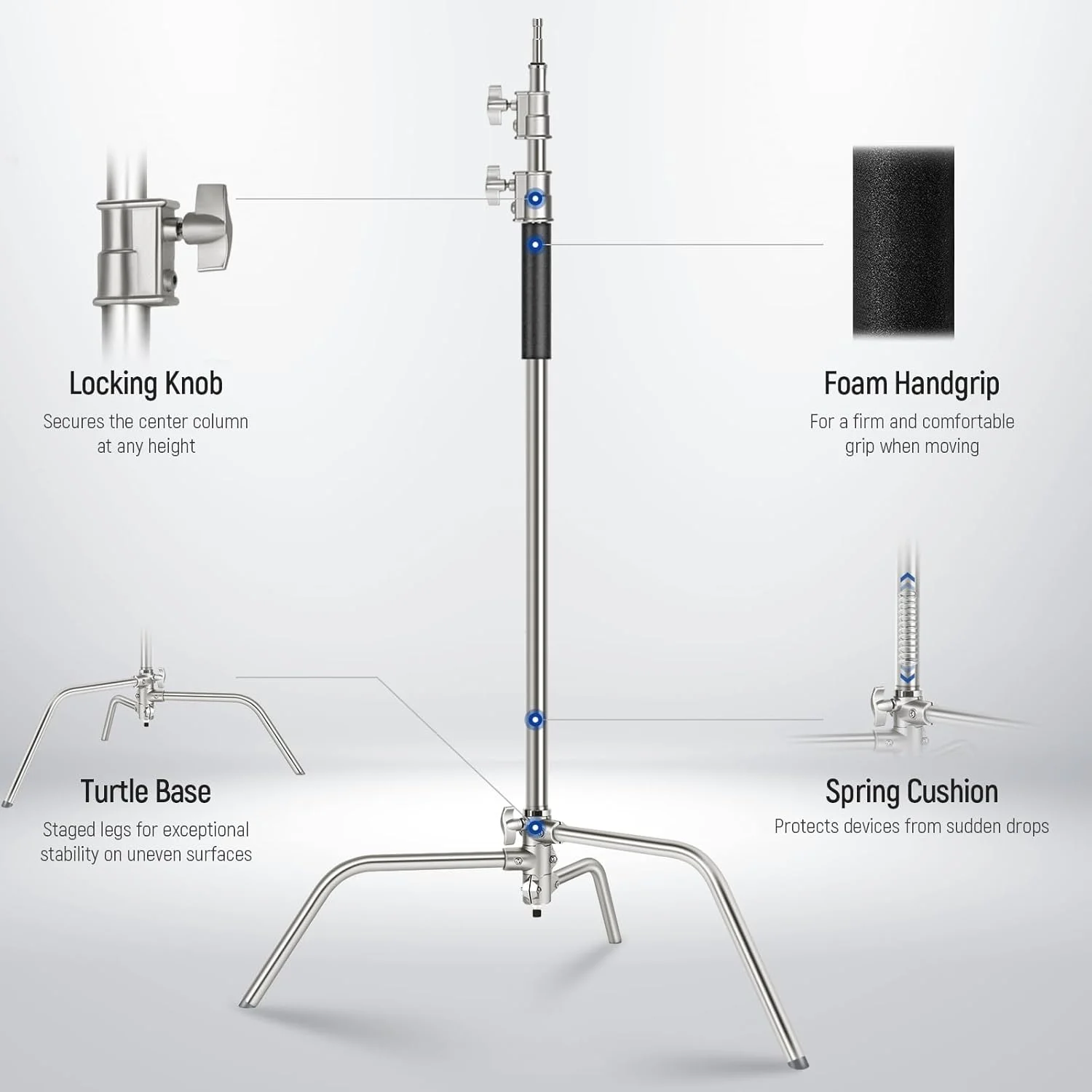 پایه نور سنگین استیل ضد زنگ NEEWER BASICS با بازوی بوم، حداکثر ارتفاع 320 سانتی متر، بازوی نگهدارنده 128 سانتی متر، 2 عدد سر گیره برای نور استودیویی، سافت باکس و رفلکتور، مدل SC320 Lite