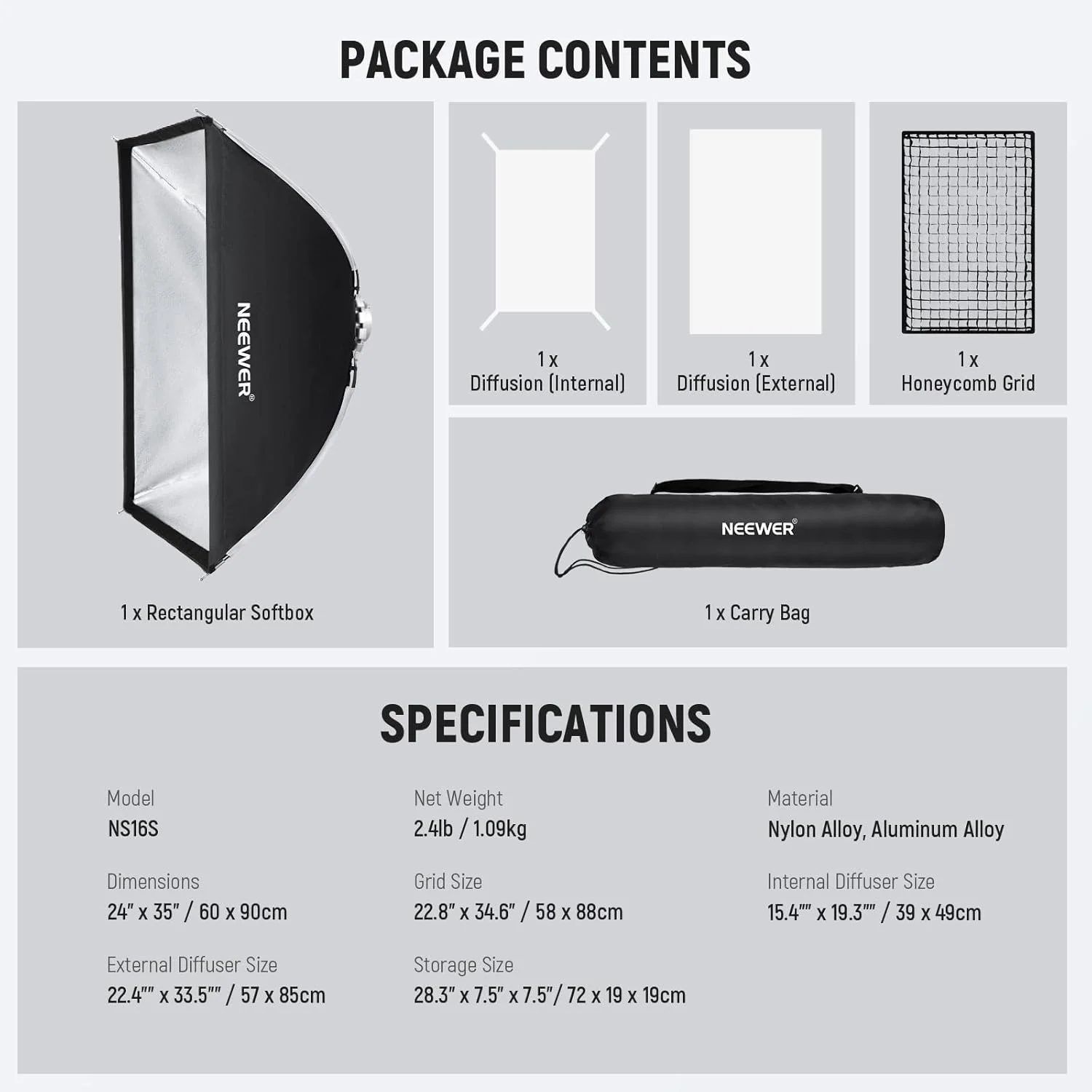 نرم باکس مستطیلی نوئر با نصب سریع و ابعاد 60x90 سانتی متر، مانت بوئنز به همراه دیفیوزر، گرید لانه زنبوری و کیف حمل، سازگار با نورهای ویدیویی گودکس آپوچر 120d، فلاش های استودیویی Q4 و استروب های NS16S