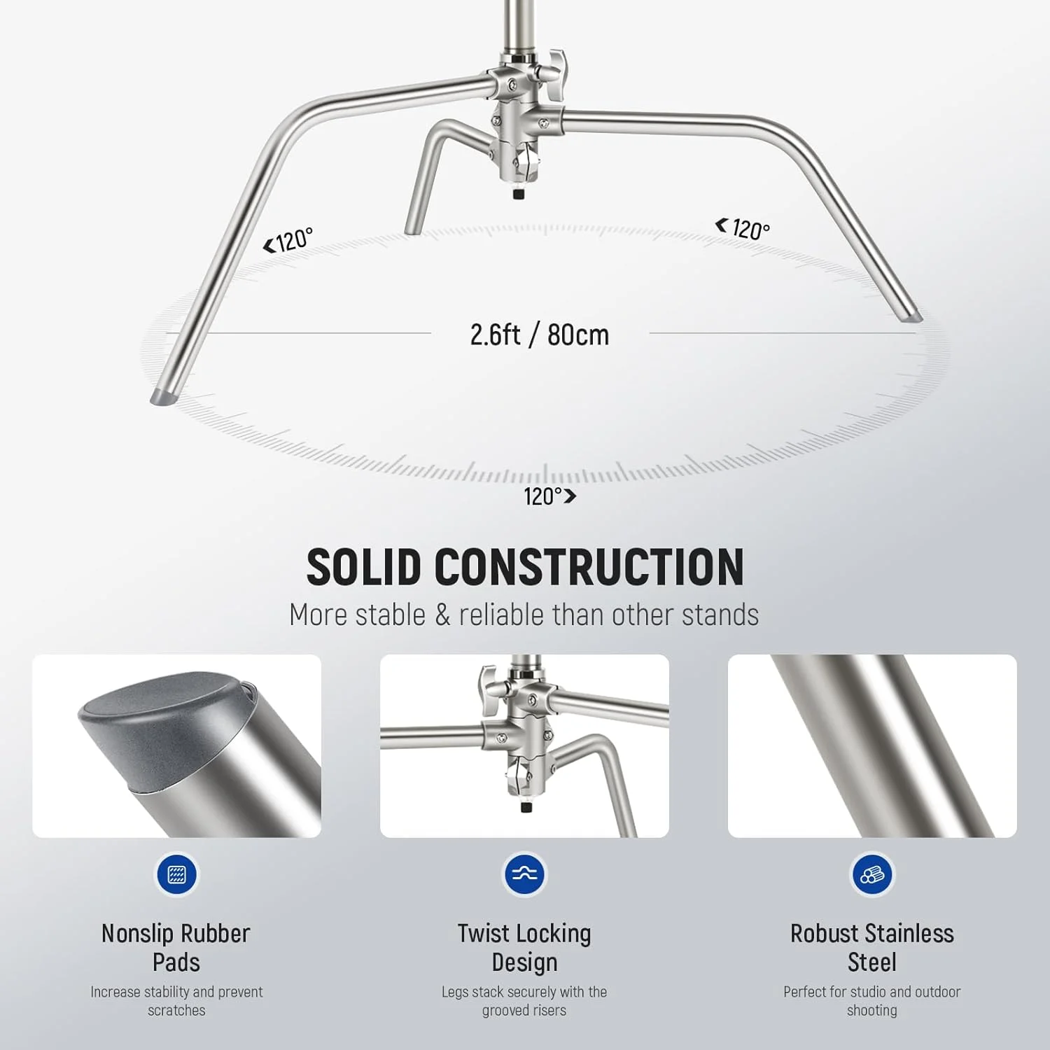 پایه نور سنگین استیل ضد زنگ NEEWER BASICS با بازوی بوم، حداکثر ارتفاع 320 سانتی متر، بازوی نگهدارنده 128 سانتی متر، 2 عدد سر گیره برای نور استودیویی، سافت باکس و رفلکتور، مدل SC320 Lite