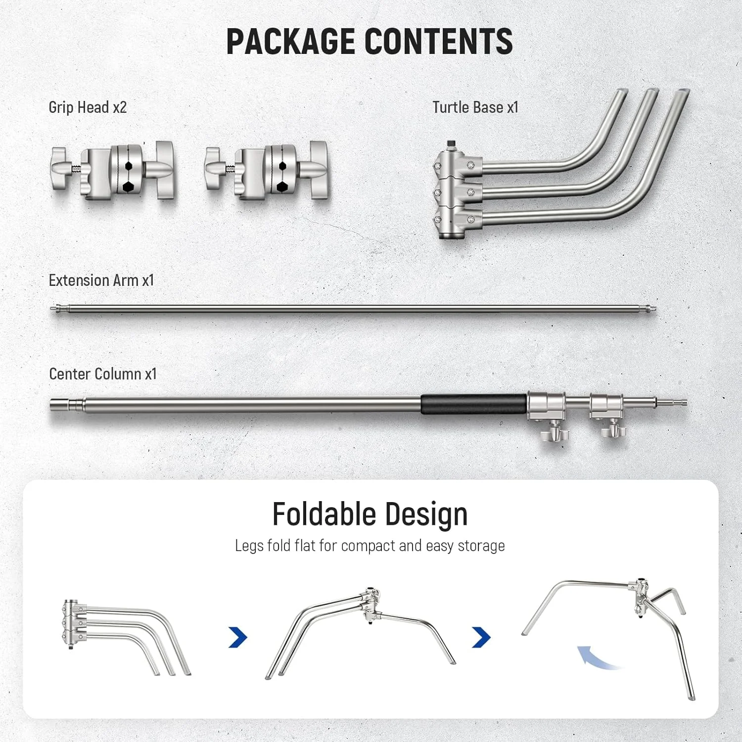 پایه نور سنگین استیل ضد زنگ NEEWER BASICS با بازوی بوم، حداکثر ارتفاع 320 سانتی متر، بازوی نگهدارنده 128 سانتی متر، 2 عدد سر گیره برای نور استودیویی، سافت باکس و رفلکتور، مدل SC320 Lite