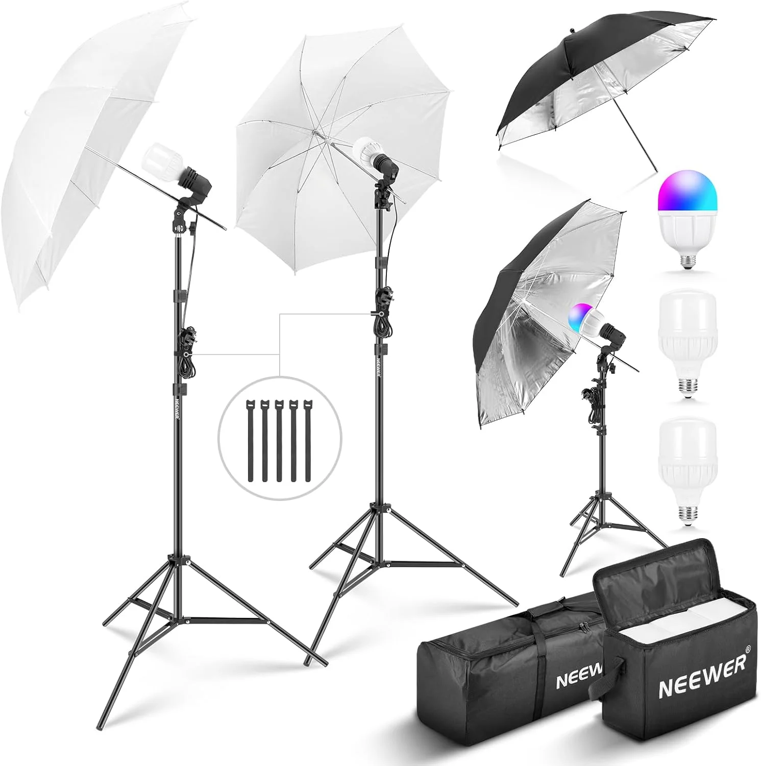 NEEWER 400W Photography Lighting Kit, Incandescent Equivalent Studio Kit, (2) Black Umbrellas, (2) White Umbrellas, (2) 24W LED Light Bulbs, (1) 27w RGB LED Light Bulb, for Photography Lighting, NK501
