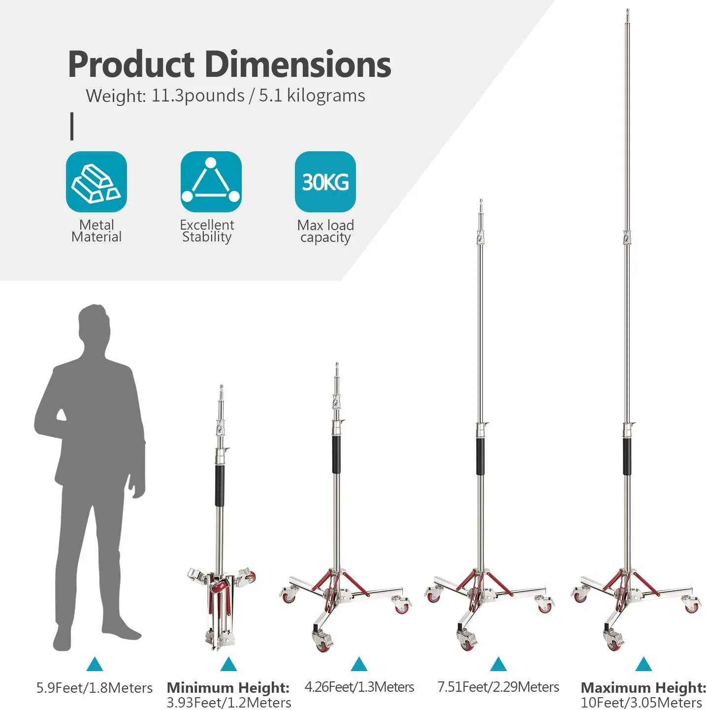 Neewer Professional 100% Stainless Steel Wheel Stand, Heavy Duty with Maximum Height 305 cm, Long 120 cm, for Reflector, Monoluce & Other Studio Equipment