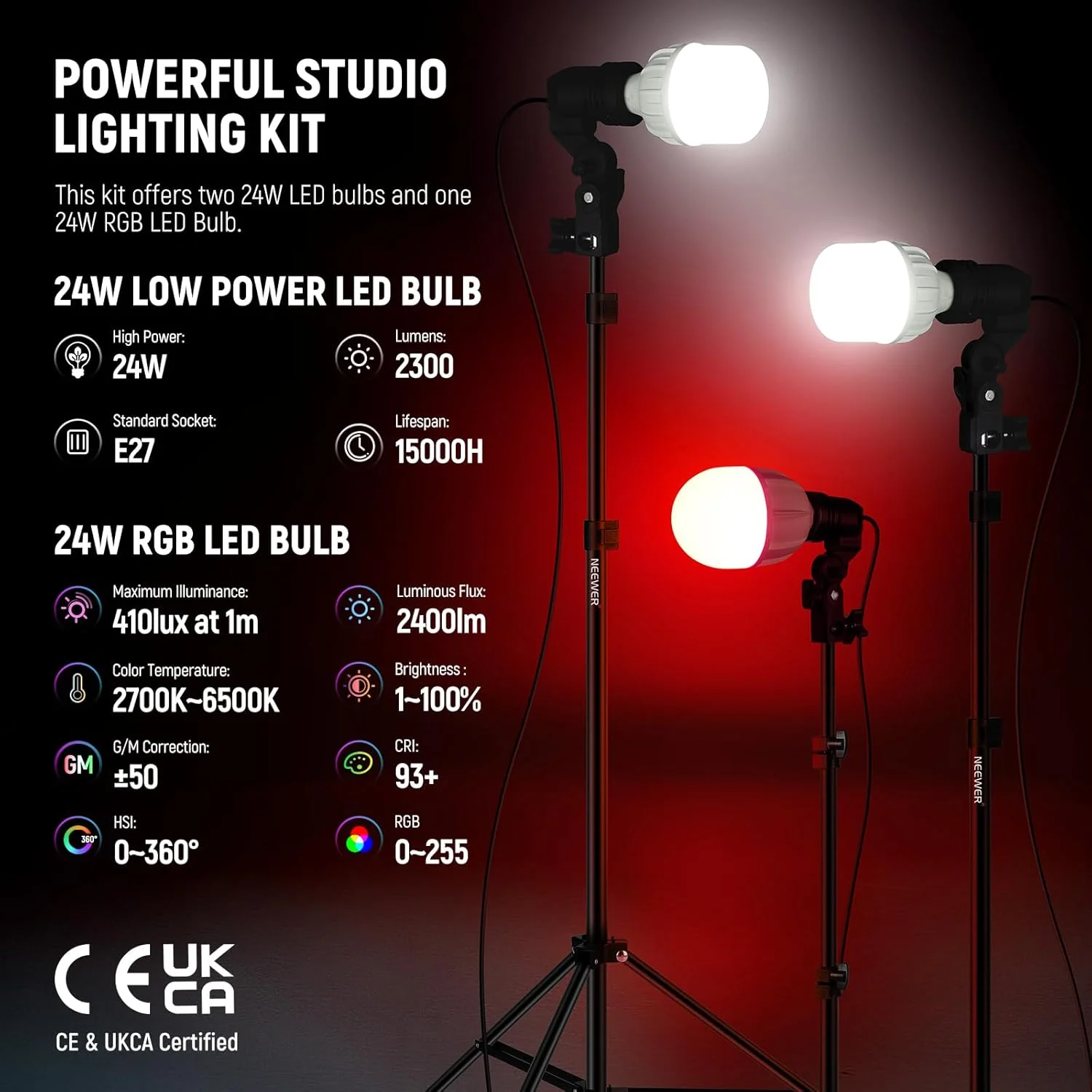 NEEWER 400W Photography Lighting Kit, Incandescent Equivalent Studio Kit, (2) Black Umbrellas, (2) White Umbrellas, (2) 24W LED Light Bulbs, (1) 27w RGB LED Light Bulb, for Photography Lighting, NK501