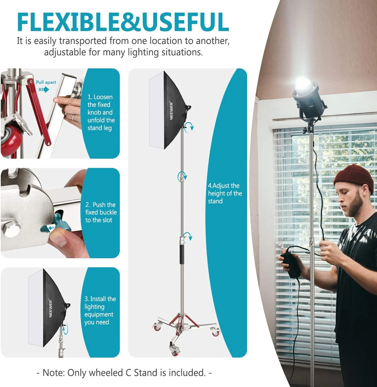 Neewer Professional 100% Stainless Steel Wheel Stand, Heavy Duty with Maximum Height 305 cm, Long 120 cm, for Reflector, Monoluce & Other Studio Equipment