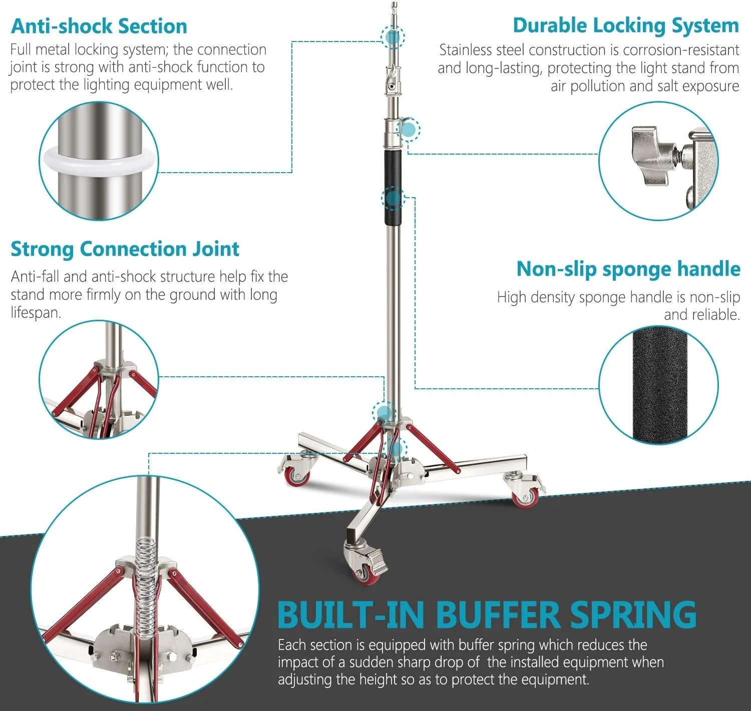 Neewer Professional 100% Stainless Steel Wheel Stand, Heavy Duty with Maximum Height 305 cm, Long 120 cm, for Reflector, Monoluce & Other Studio Equipment