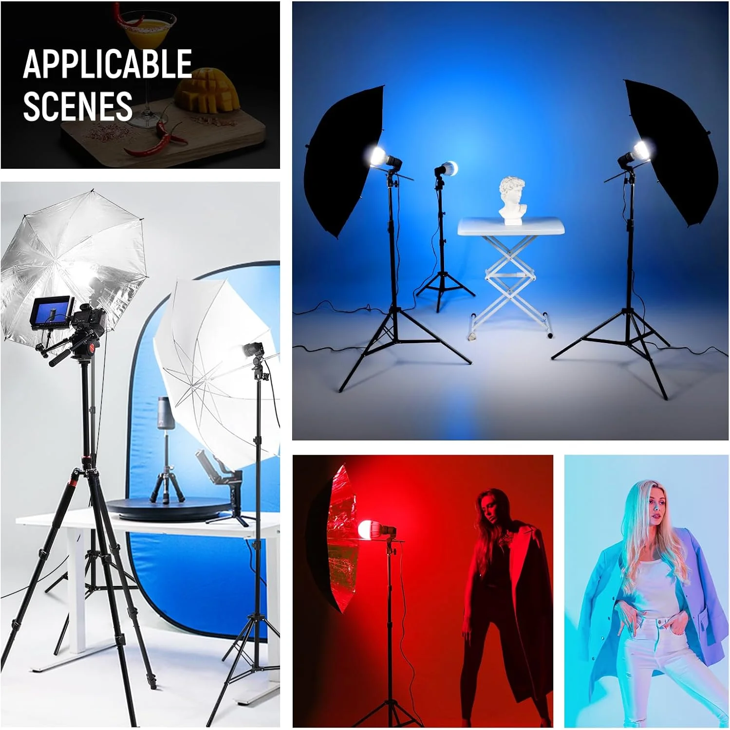 NEEWER 400W Photography Lighting Kit, Incandescent Equivalent Studio Kit, (2) Black Umbrellas, (2) White Umbrellas, (2) 24W LED Light Bulbs, (1) 27w RGB LED Light Bulb, for Photography Lighting, NK501