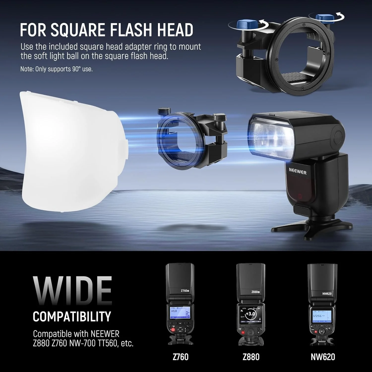  سافت باکس دیفیوزر گنبدی NEEWER CRS7 با 3 حلقه آداپتور، سازگار با فلاش های گرد Godox V1 Z1 Z2 و اسپیدلایت مربعی Z760 و غیره، مانت برای نور ویدئویی MS60B MS60C MS150B