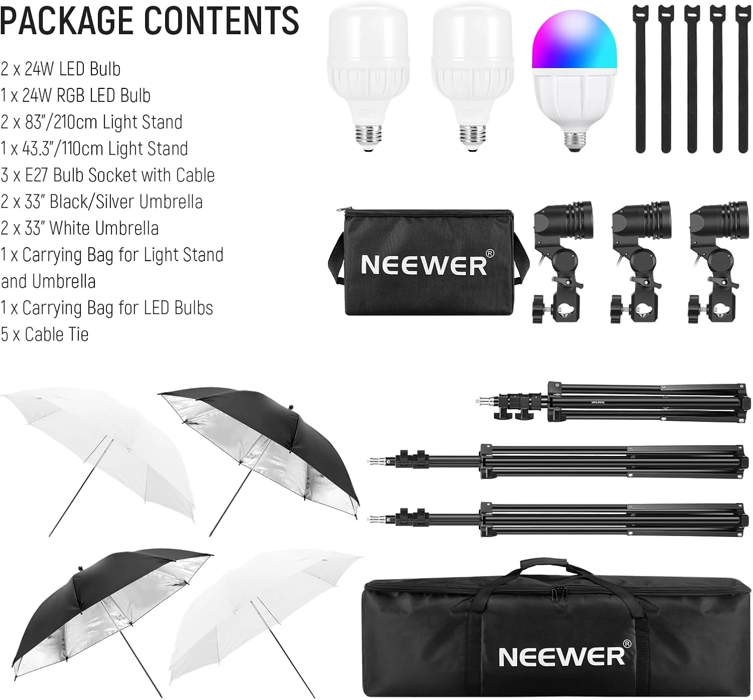NEEWER 400W Photography Lighting Kit, Incandescent Equivalent Studio Kit, (2) Black Umbrellas, (2) White Umbrellas, (2) 24W LED Light Bulbs, (1) 27w RGB LED Light Bulb, for Photography Lighting, NK501