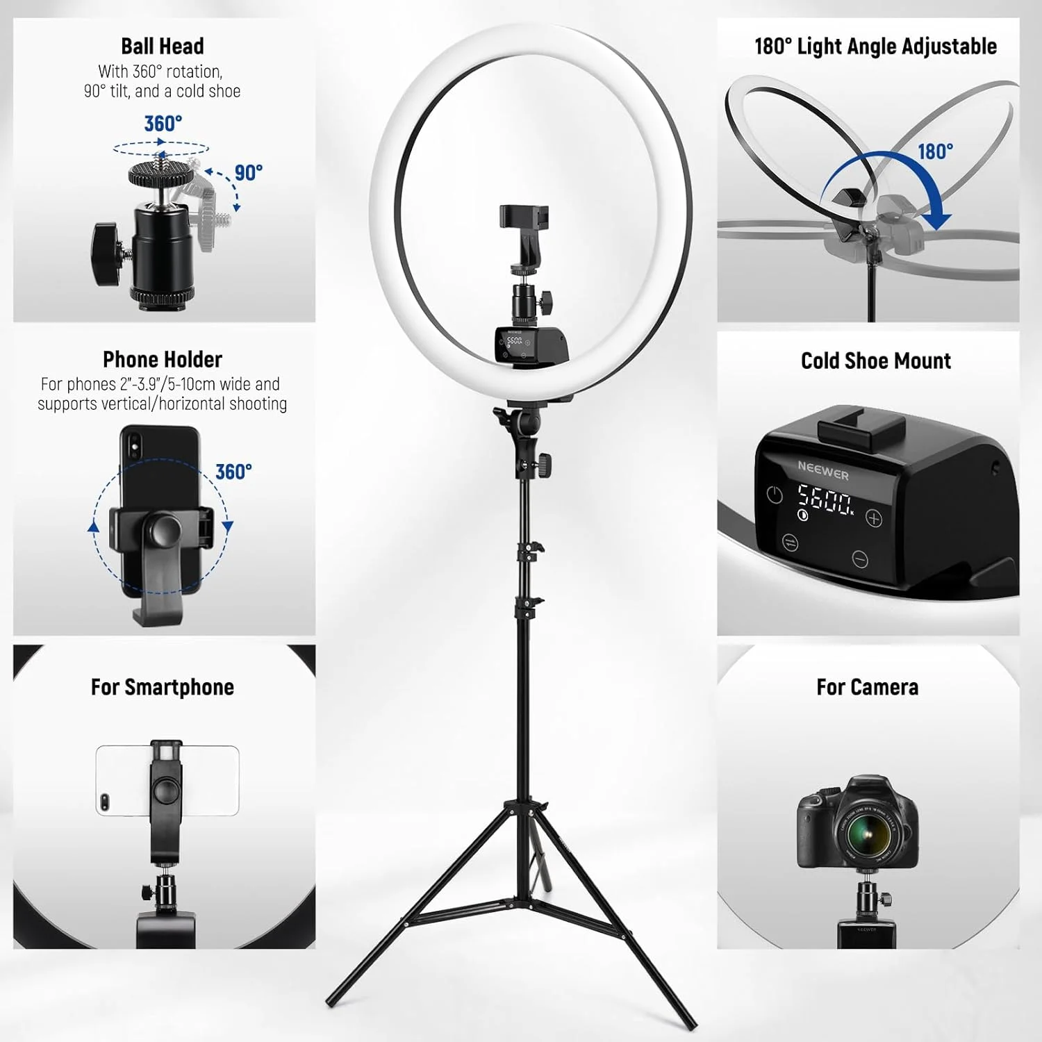 نور حلقه ای LED پیشرفته 18 اینچی Neewer با کنترل لمسی دستی با صفحه نمایش LCD، کنترل از راه دور 2.4G و کنترل چندگانه نور، 3200-5600K، به همراه پایه برای آرایش، ویدیوهای یوتیوب، وبلاگ نویسان و سالن (مشکی)