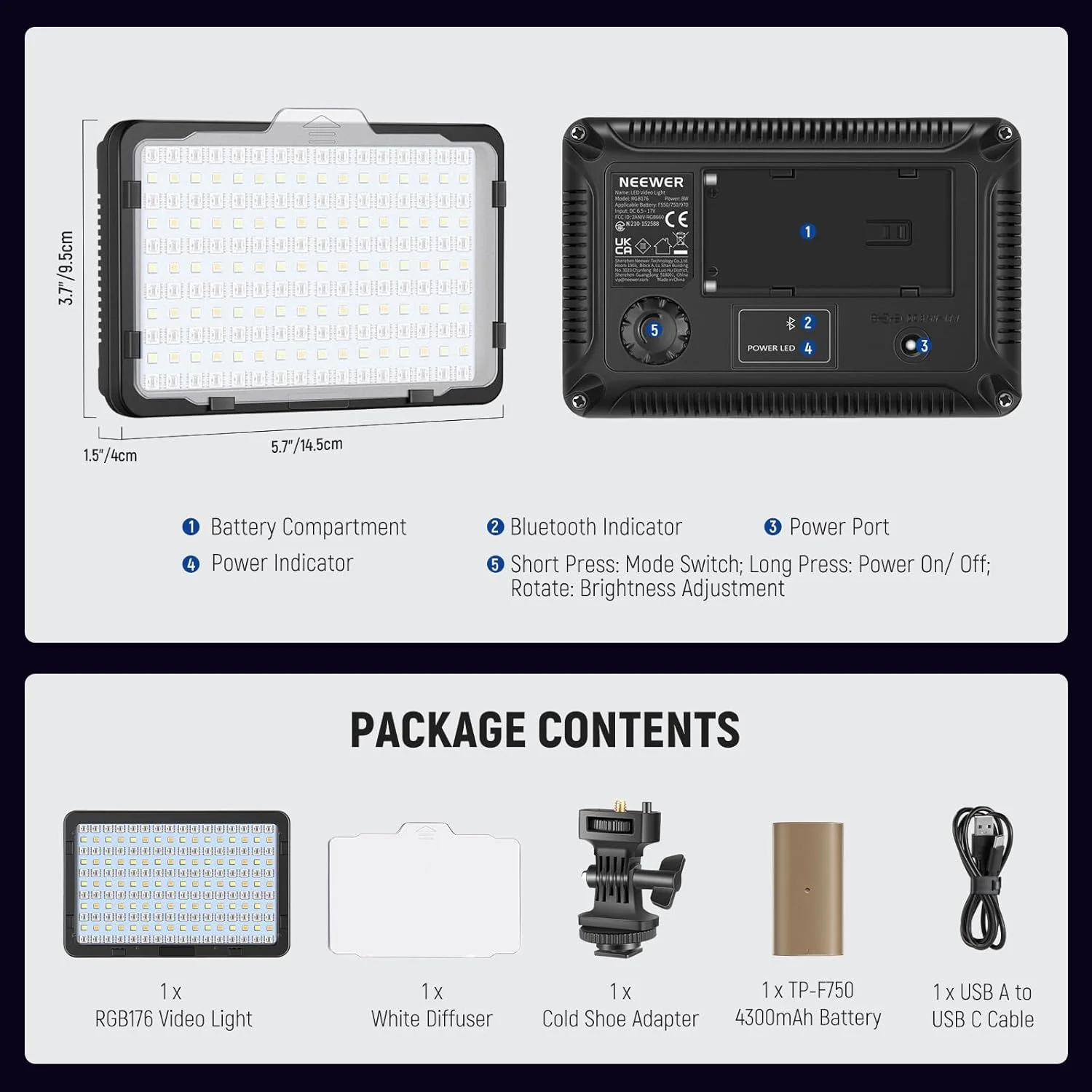 نور ویدئویی RGB نیوئر با باتری جایگزین 4300mAh NP-F750، کنترل از طریق اپلیکیشن، نور کلیدی LED تمام رنگی 360 درجه برای دوربین، CRI95+ با قابلیت تنظیم نور برای استودیو، دوربین فیلمبرداری DSLR، عکاسی، ضبط و استریمینگ، RGB176