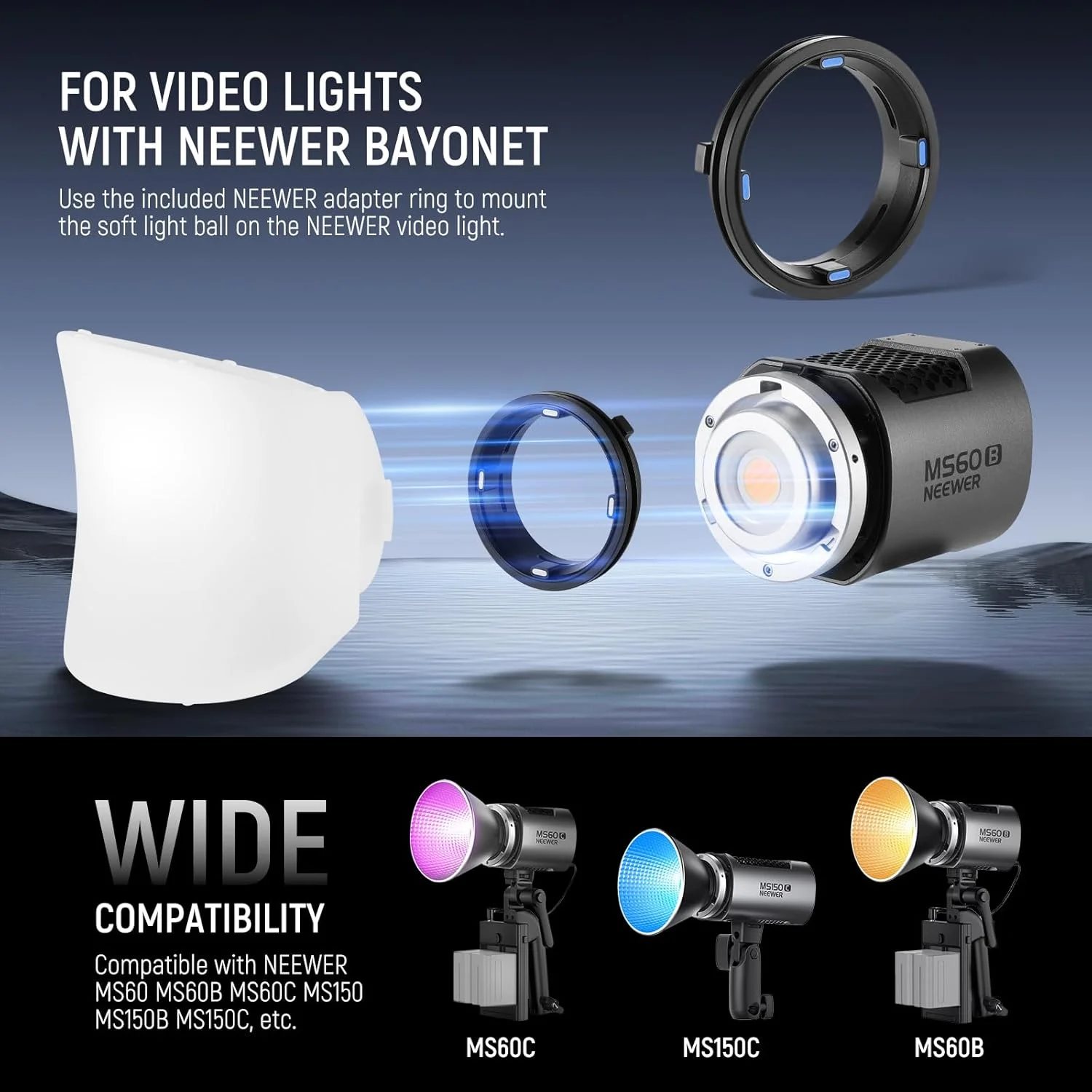  سافت باکس دیفیوزر گنبدی NEEWER CRS7 با 3 حلقه آداپتور، سازگار با فلاش های گرد Godox V1 Z1 Z2 و اسپیدلایت مربعی Z760 و غیره، مانت برای نور ویدئویی MS60B MS60C MS150B