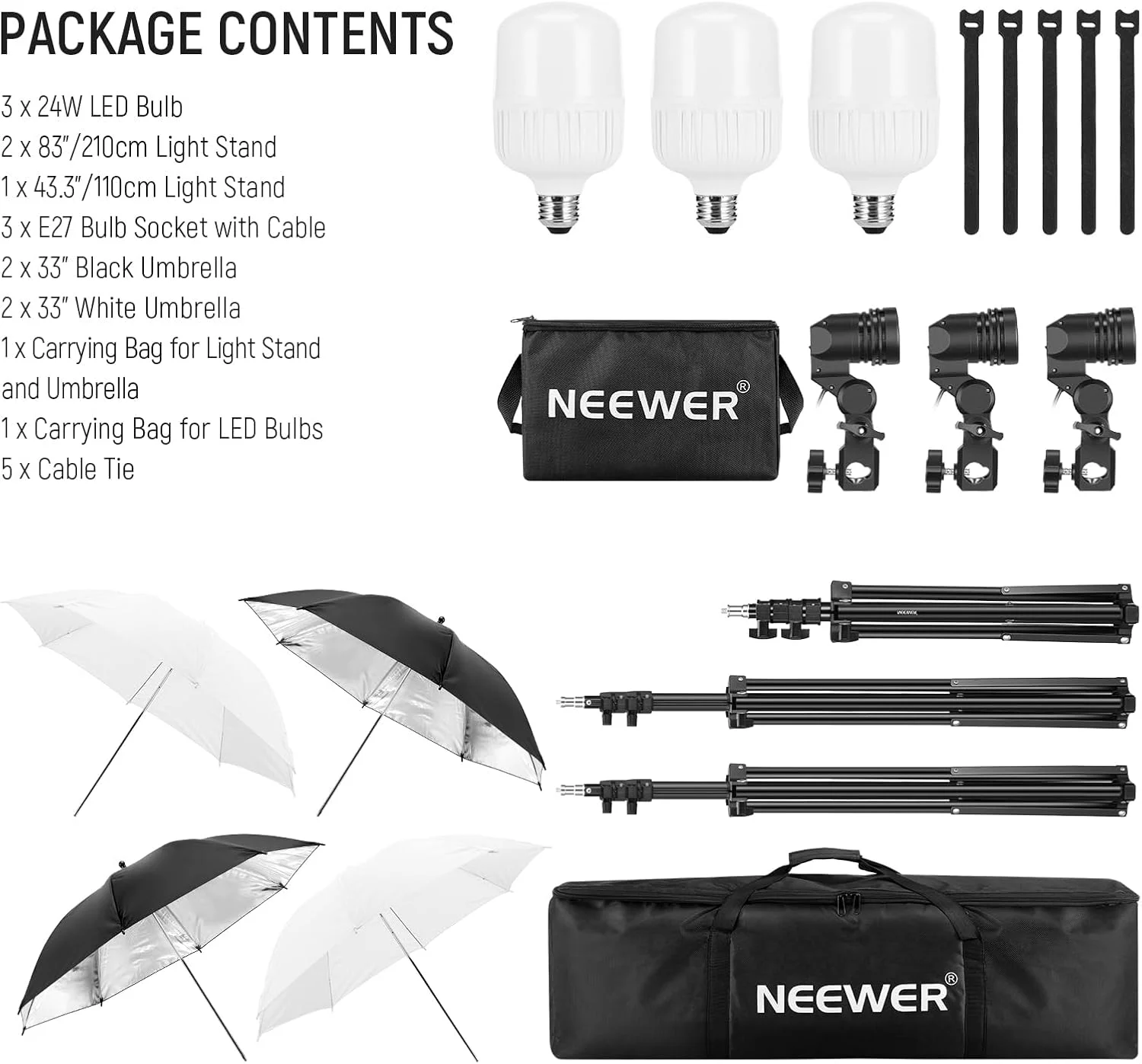 کیت نورپردازی عکاسی 600 واتی NEEWER، کیت استودیویی معادل لامپ رشته ای با (2) چتر سفید، (2) چتر سیاه، (3) لامپ LED 24 واتی، (3) پایه نور، (2) کیف، (5) بست کمربندی، (3) پایه سوکت E27، NK500