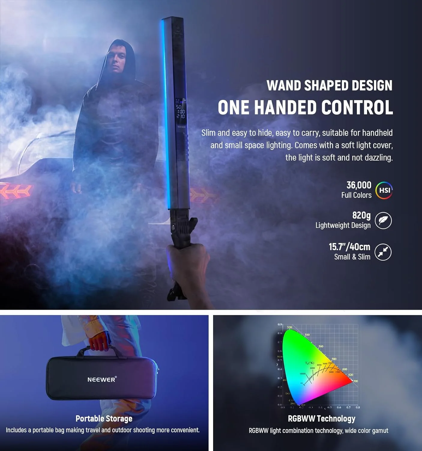 چراغ استیک تیوب ال ای دی RGB2 نیور با بارندور فلزی، دسته، نوار لمسی/کنترل APP/2.4G، چراغ ویدئویی RGB دستی مغناطیسی قابل شارژ، نورپردازی عکاسی قابل تنظیم 2500K-10000K CRI98+، 18 صحنه