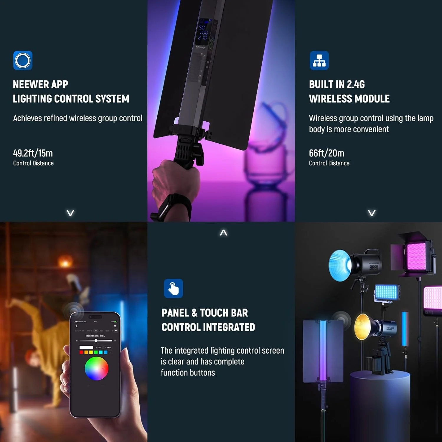 چراغ استیک تیوب ال ای دی RGB2 نیور با بارندور فلزی، دسته، نوار لمسی/کنترل APP/2.4G، چراغ ویدئویی RGB دستی مغناطیسی قابل شارژ، نورپردازی عکاسی قابل تنظیم 2500K-10000K CRI98+، 18 صحنه