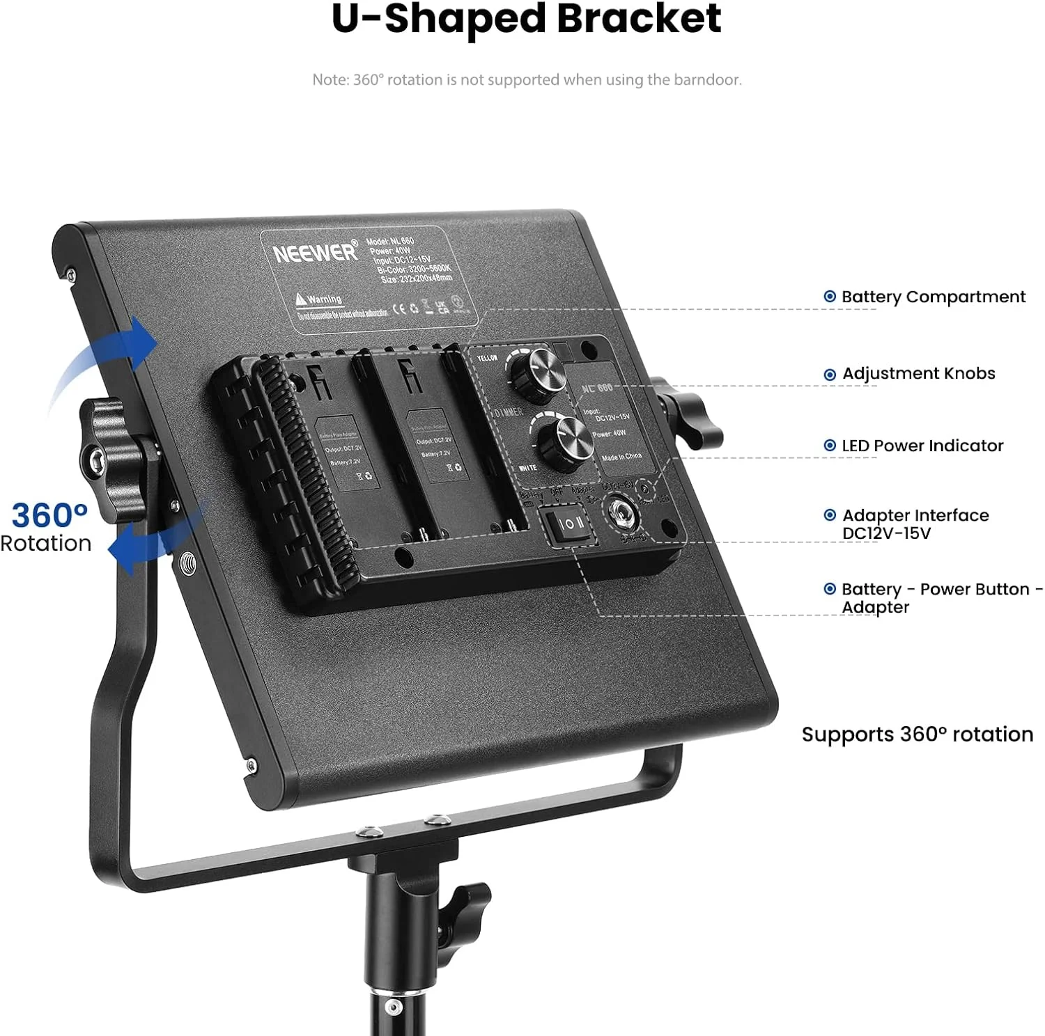 کیت نور ویدئویی ال ای دی 660 دو رنگ Neewer شامل 2 عدد نور قابل تنظیم 3200-5600K CRI 96+ با براکت U شکل و بارندور، 2 عدد پایه نور 78.7 اینچی برای عکاسی استودیویی و فیلمبرداری
