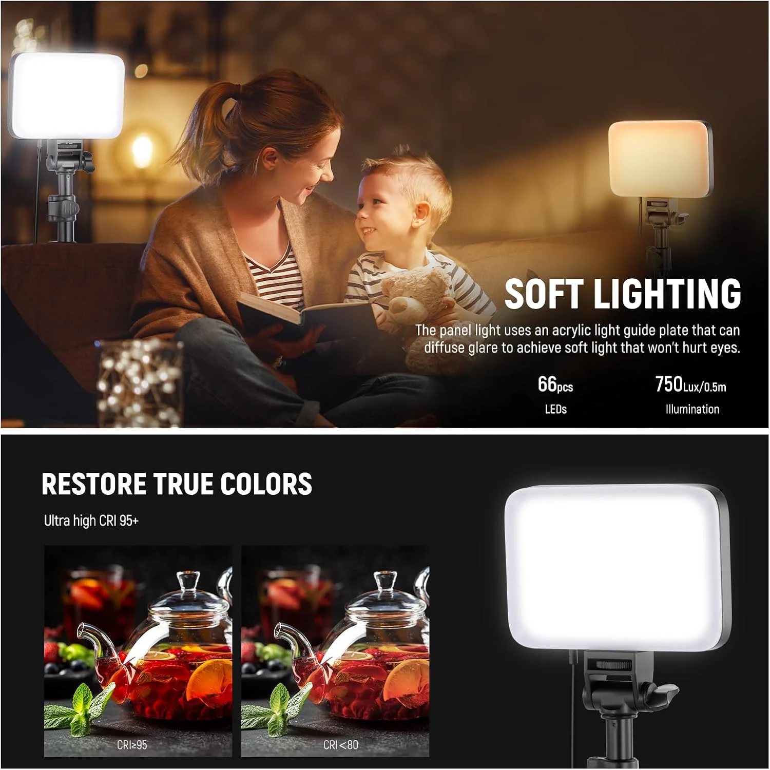 کیت نورپردازی پنل ال ای دی دو عددی NEEWER Basics، نورهای استودیویی قابل حمل دیمرپذیر دو رنگ با پایه و فیلتر، 3200K-5600K 750lux CRI95 برای ضبط ویدیو، پخش زنده و عکاسی، BP66