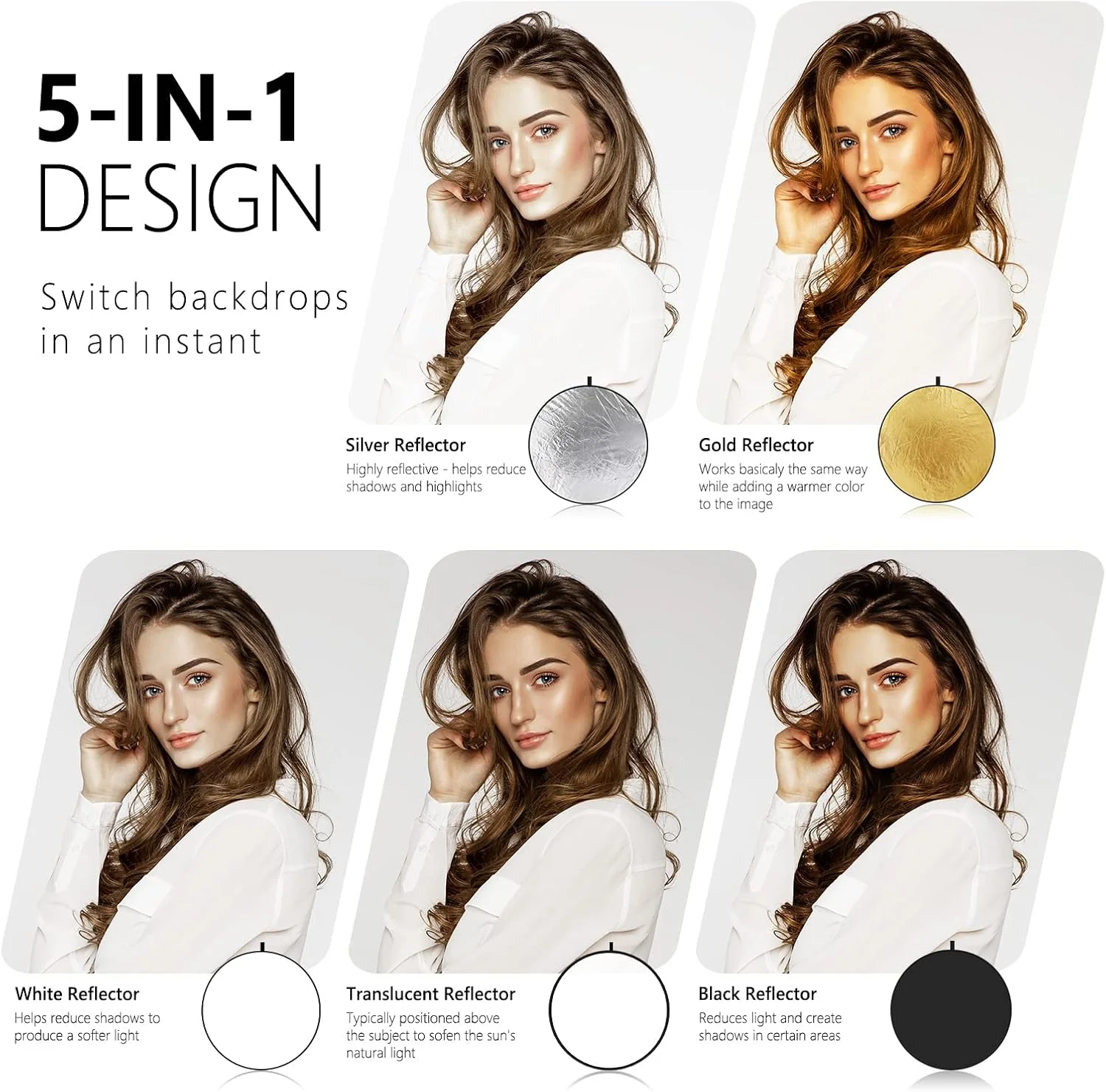 بازتابنده نور 5 در 1 نیور، 80 سانتی متری / 32 اینچی، پخش کننده نور تاشو چند دیسکی با کیف - شفاف، نقره ای، طلایی، سفید و مشکی برای نورپردازی استودیویی و نورپردازی فضای باز