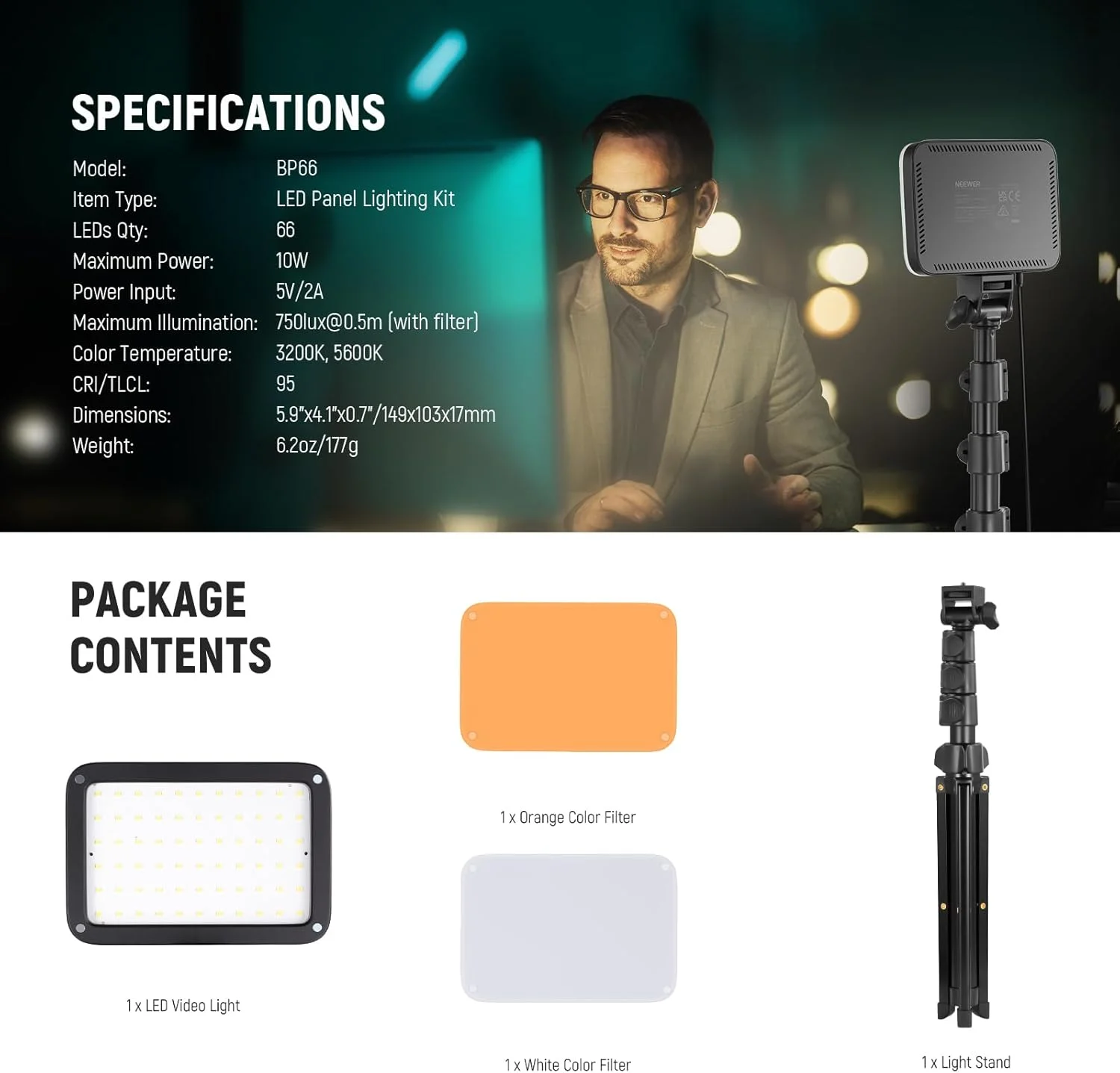 کیت نورپردازی پنل ال ای دی ویدیویی NEEWER BASICS، چراغ های استودیویی قابل حمل دو رنگ با قابلیت تنظیم نور به همراه پایه سه پایه و فیلتر، 3200K~5600K CRI 95 750lux برای عکاسی، ضبط ویدیو، پخش زنده، BP66
