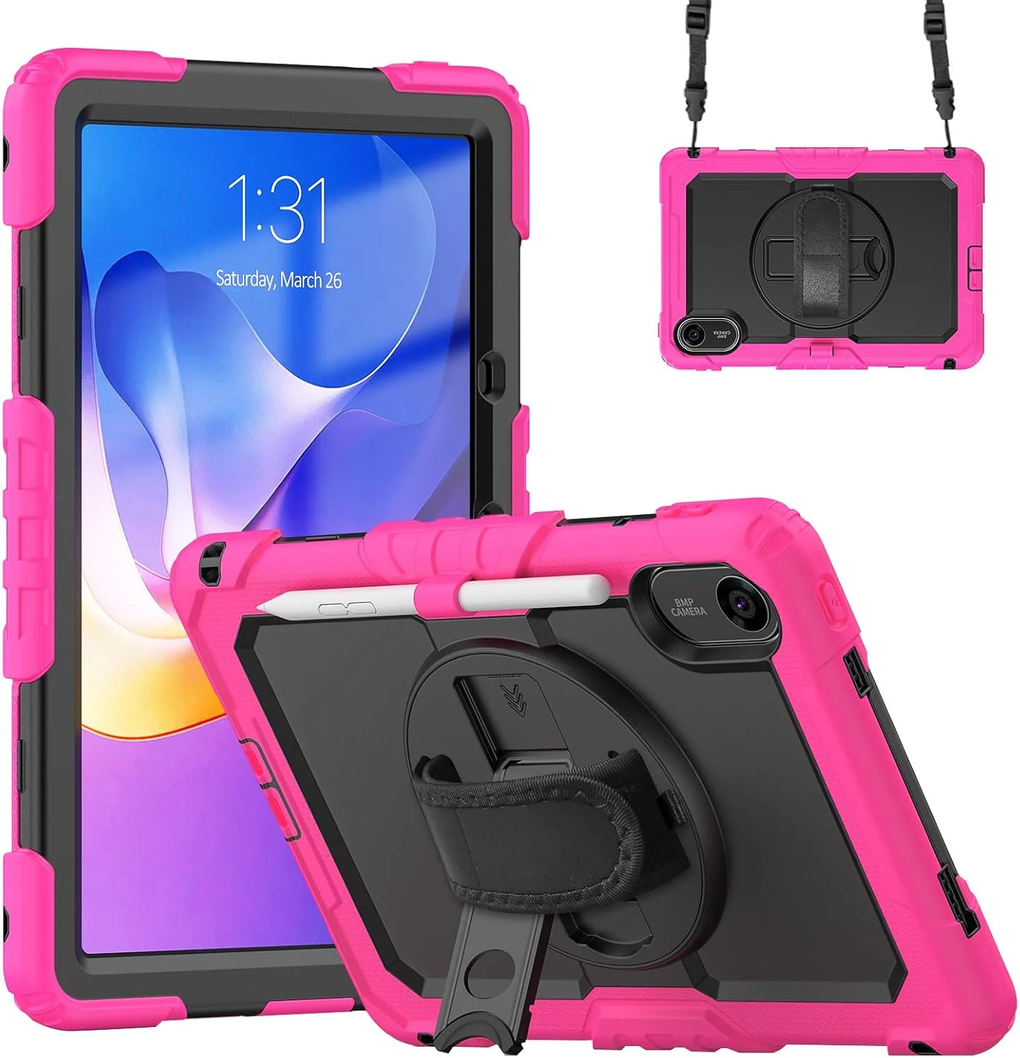 کاور محافظ گرآتری سازگار با تبلت شیائومی Redmi Pad 2 11 اینچ 2025، کاور محافظ کامل ضد ضربه کودکانه با بند دستی/پایه چرخان 360 درجه/بند شانه (رز)