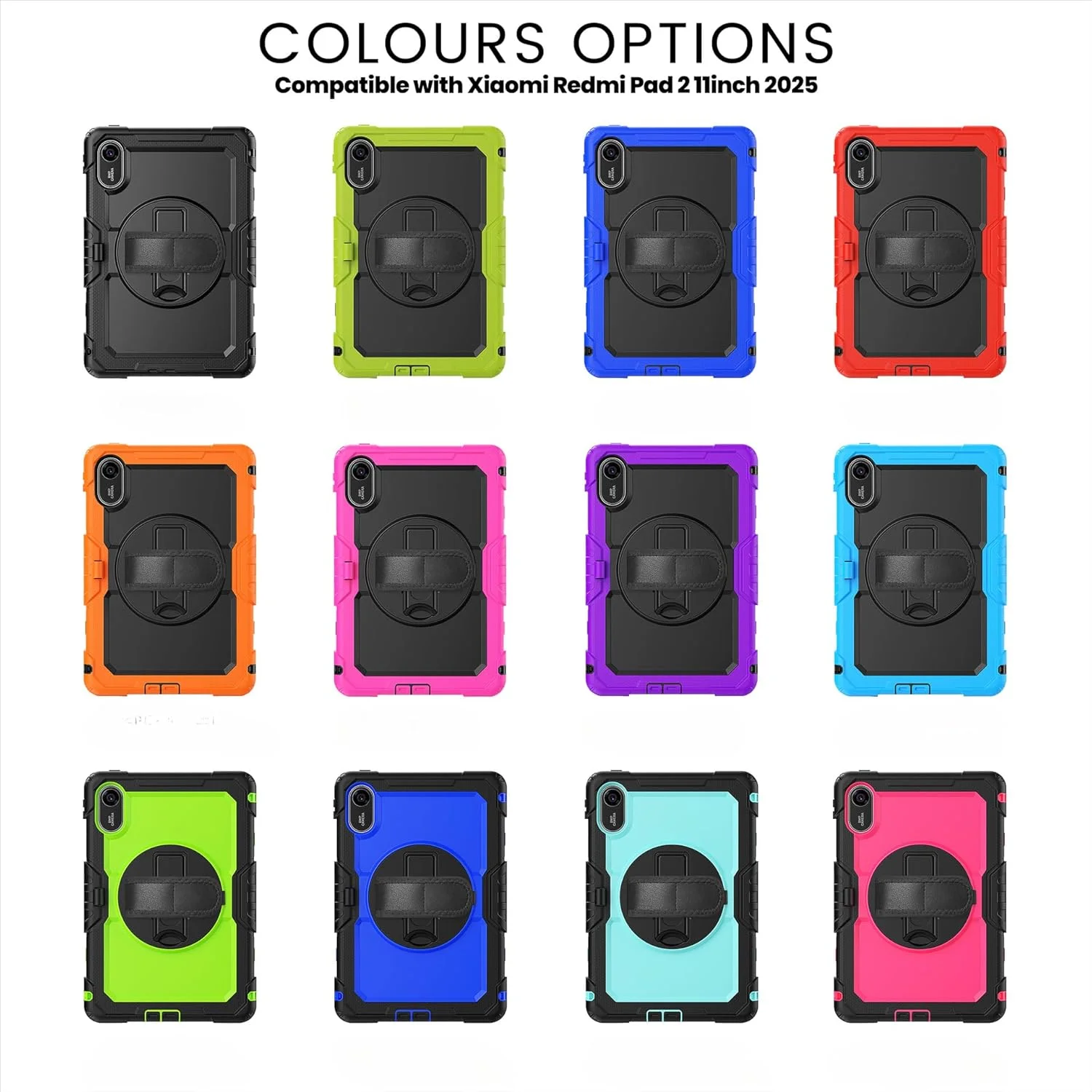 کاور محافظ گرآتری سازگار با تبلت شیائومی Redmi Pad 2 11 اینچ 2025، کاور محافظ کامل ضد ضربه کودکانه با بند دستی/پایه چرخان 360 درجه/بند شانه (رز)