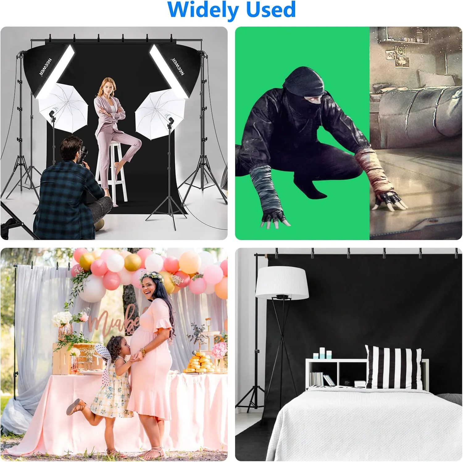 کیت نورپردازی عکاسی NEEWER با پس زمینه، پایه های پس زمینه 8.5x10 فوت، نورپردازی مداوم سافت باکس چتری LED معادل 800 وات 5700K 24W دارای گواهینامه CE، تجهیزات استودیوی عکس برای فیلمبرداری عکس و فیلم